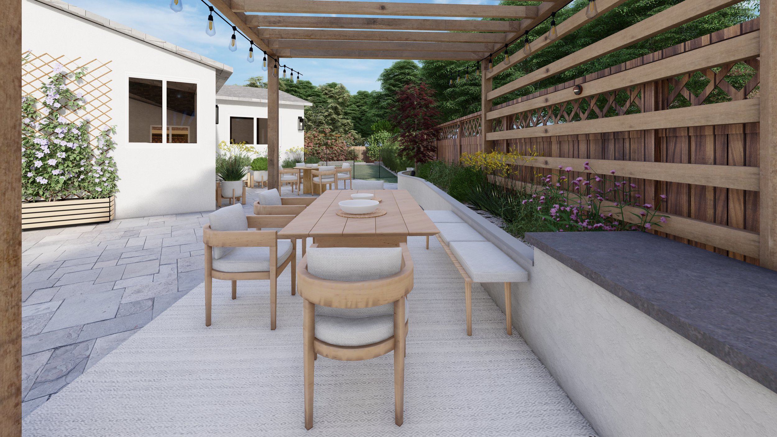 long outdoor dining table with four balmain dining chairs and booth-style seating along one side