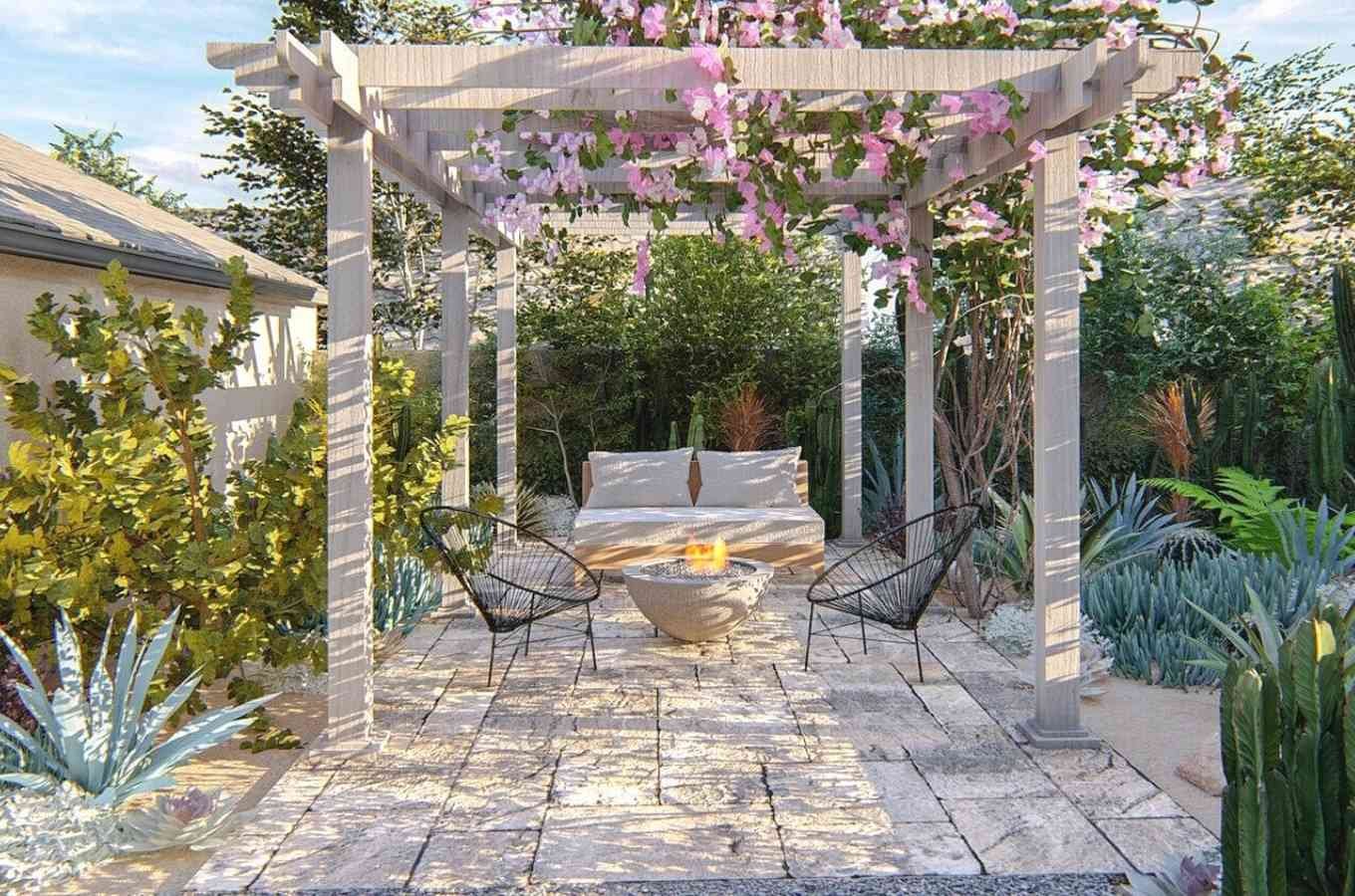 Concrete backyard, decorated pergola over sitting area, fire pit, lots of low water plants.