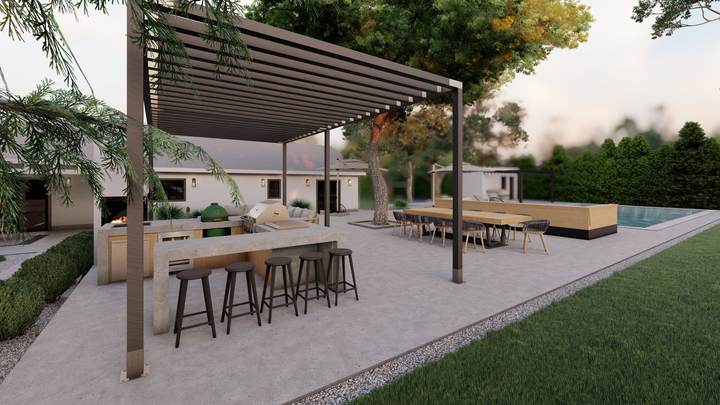 large backyard with concrete patio with outdoor kitchen covered by modern black pergola