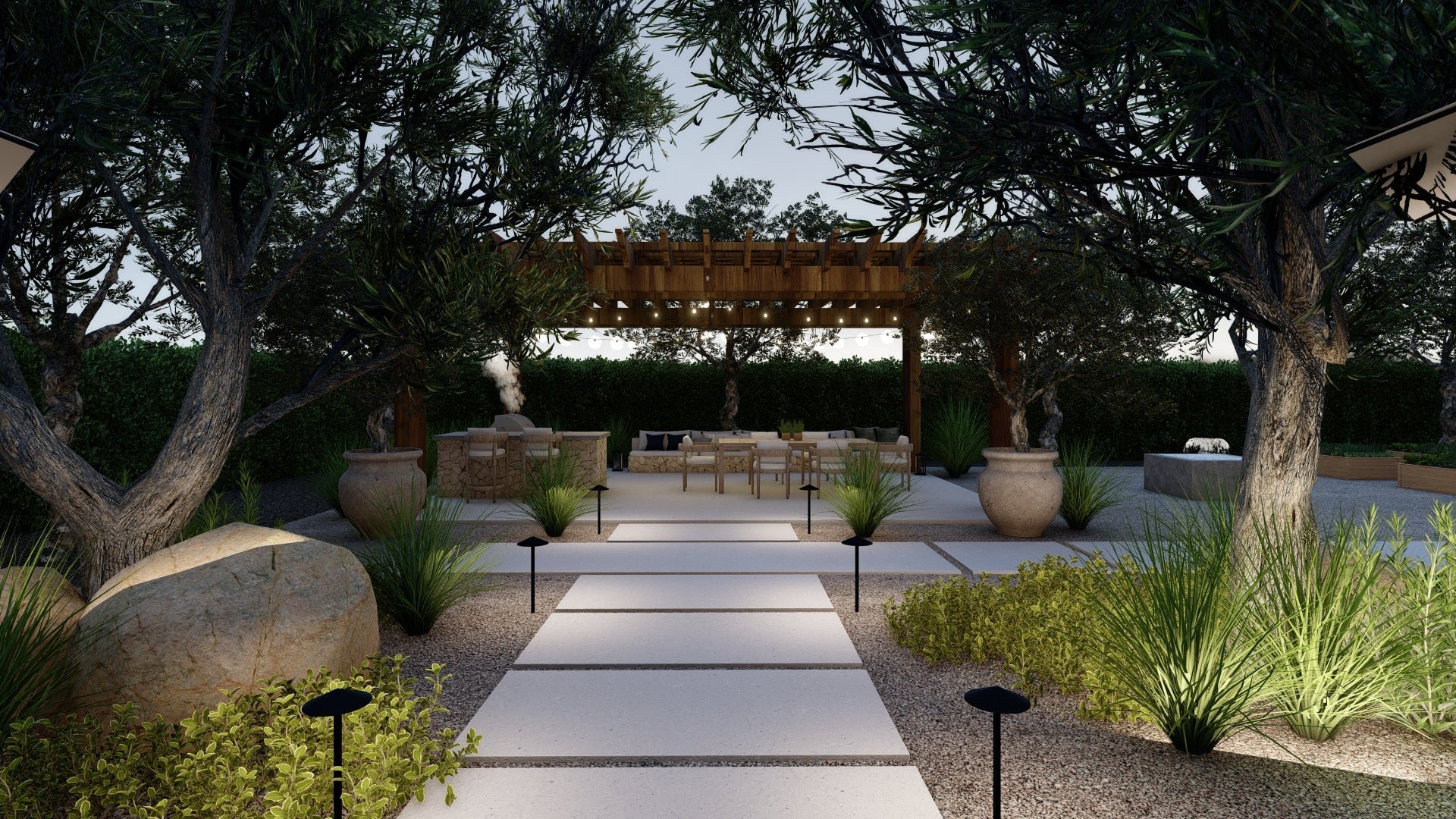 Pairs of low-profile path lights illuminate this broad path. While a light on one side alone would suffice, the client opted for facing pairs to emphasize symmetry.