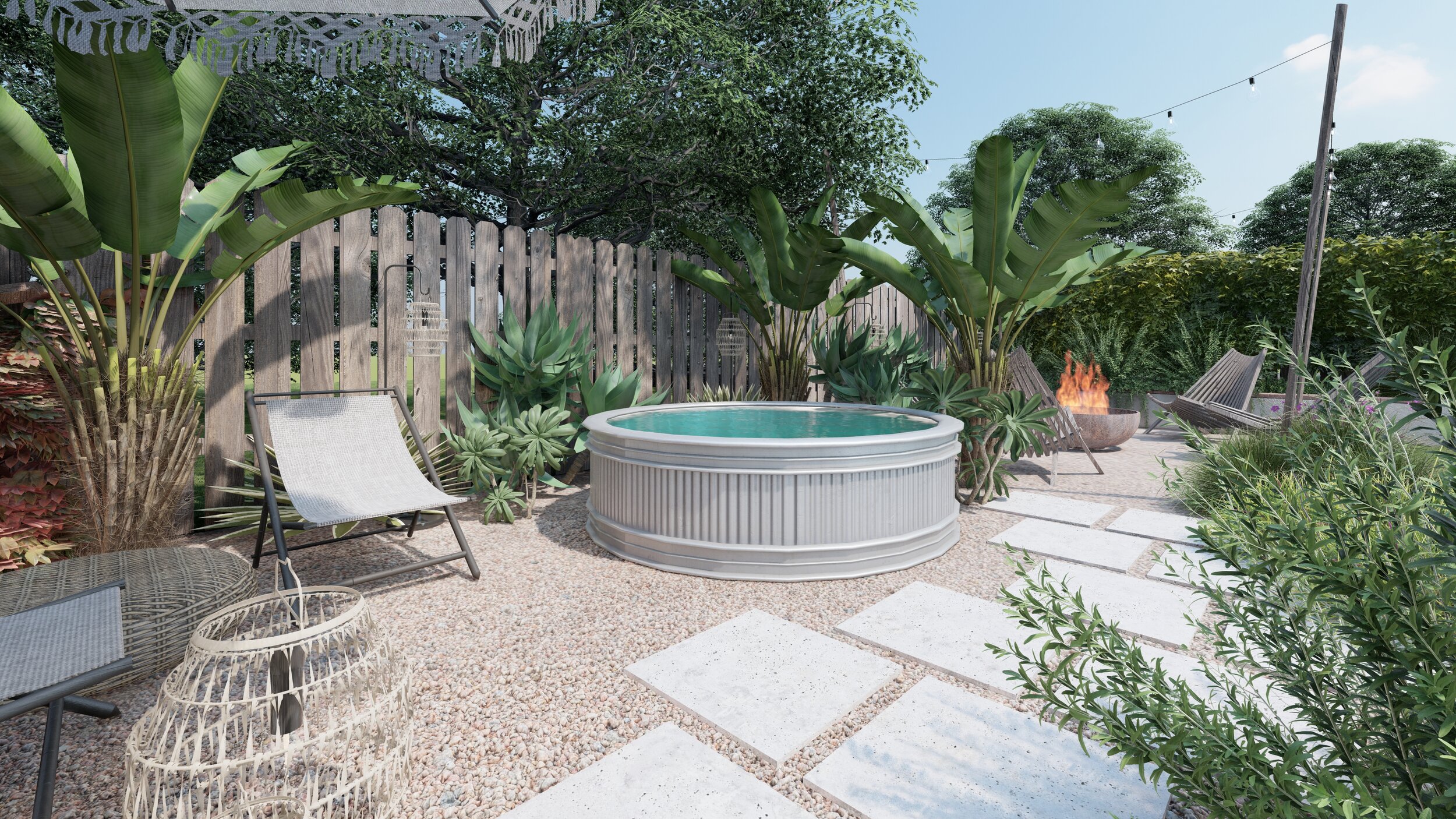 Tropical backyard with stock tank pool near paver pathway with gravel