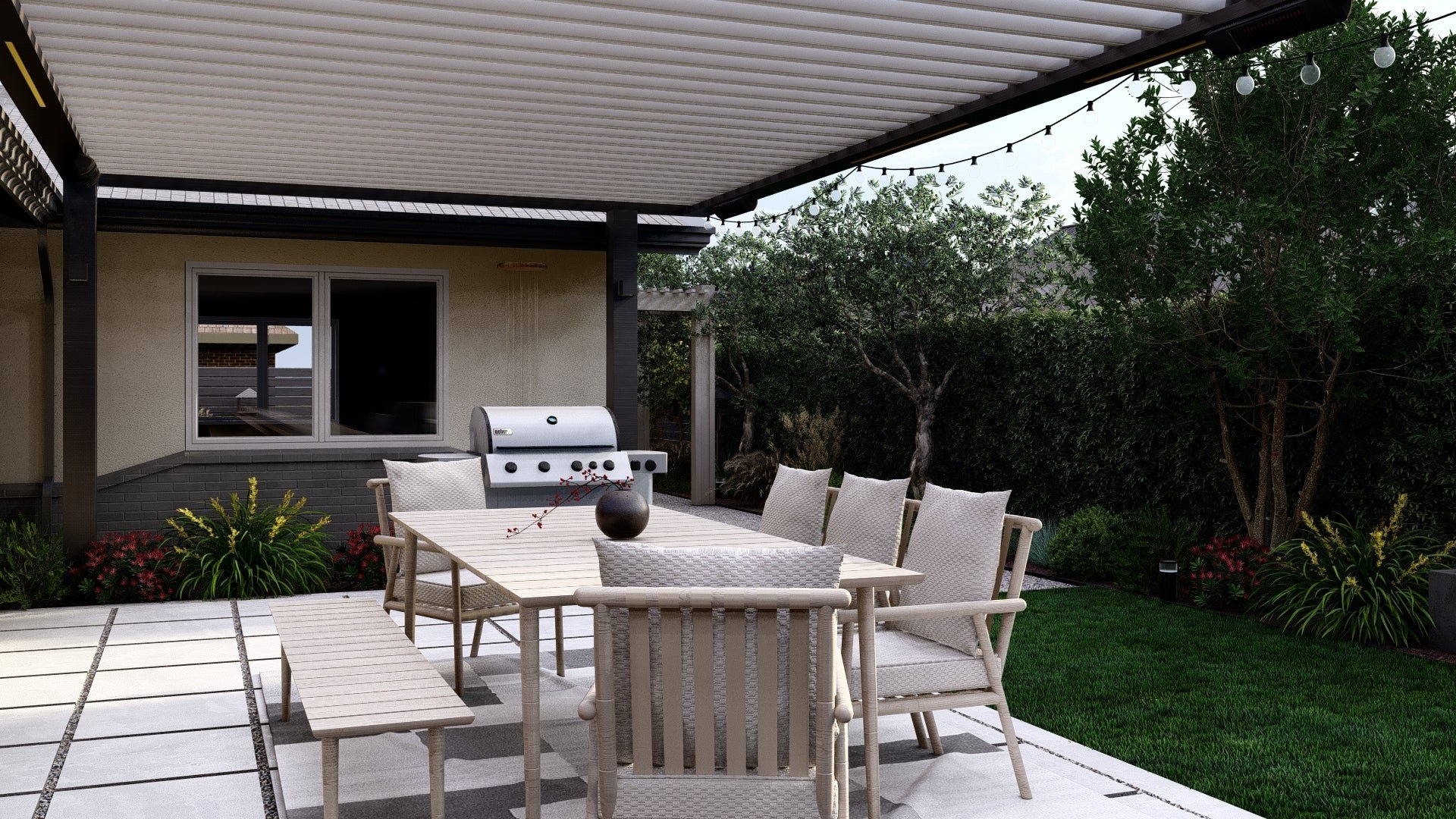 The Grove collection from Terrain also includes a matching bench and 3-seat sofa, as seen in this barbecue-ready design for our client in Fullerton, CA.
