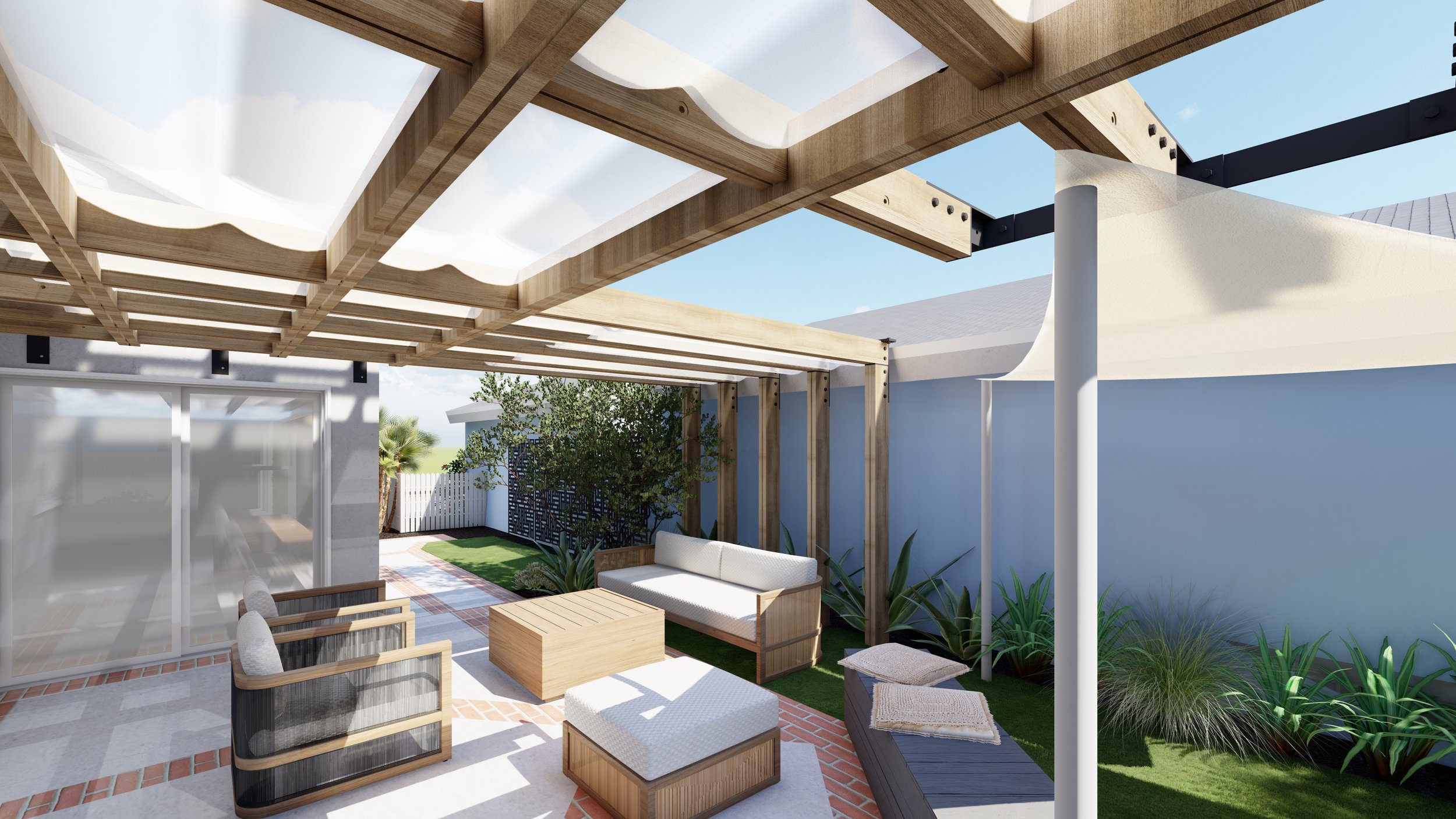 Side yard design with Capri outdoor living room set and breezy overhead pergola and shade sail.