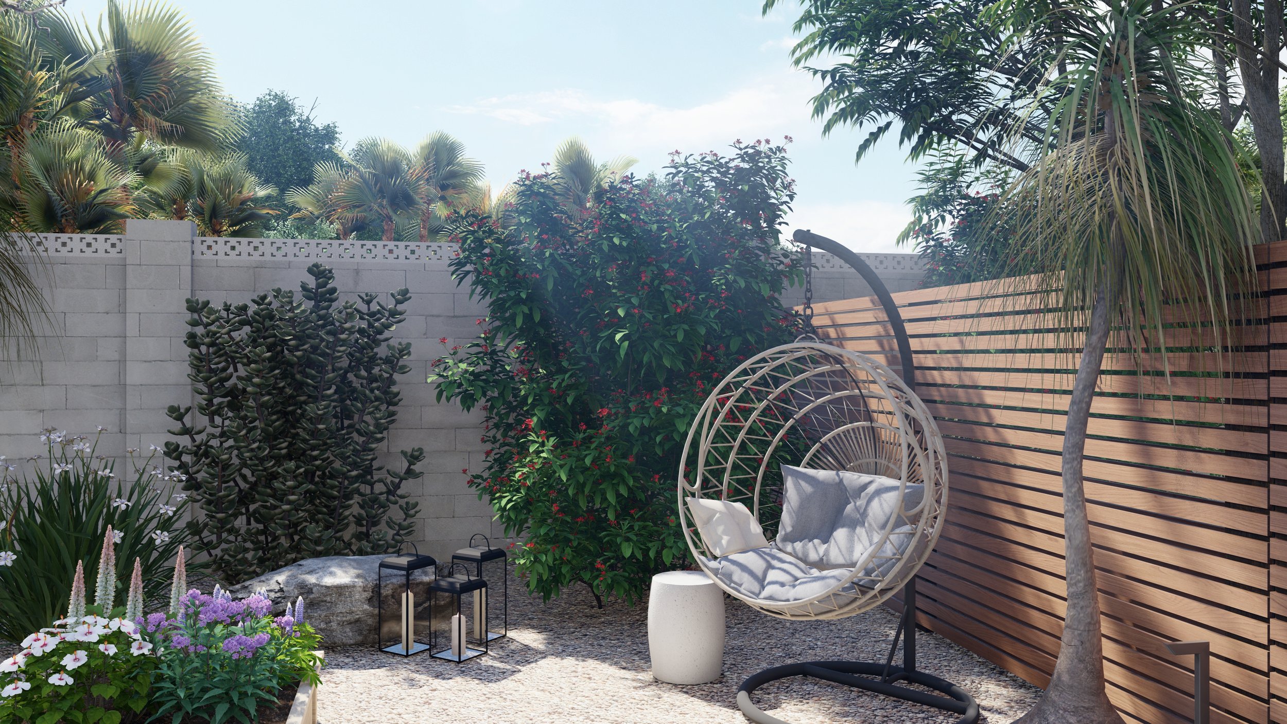 A hanging chair is the perfect standalone seat to use in tucked-away spots for relaxation and taking in views, like in this backyard design for a Yardaen client in Scottsdale, AZ.
