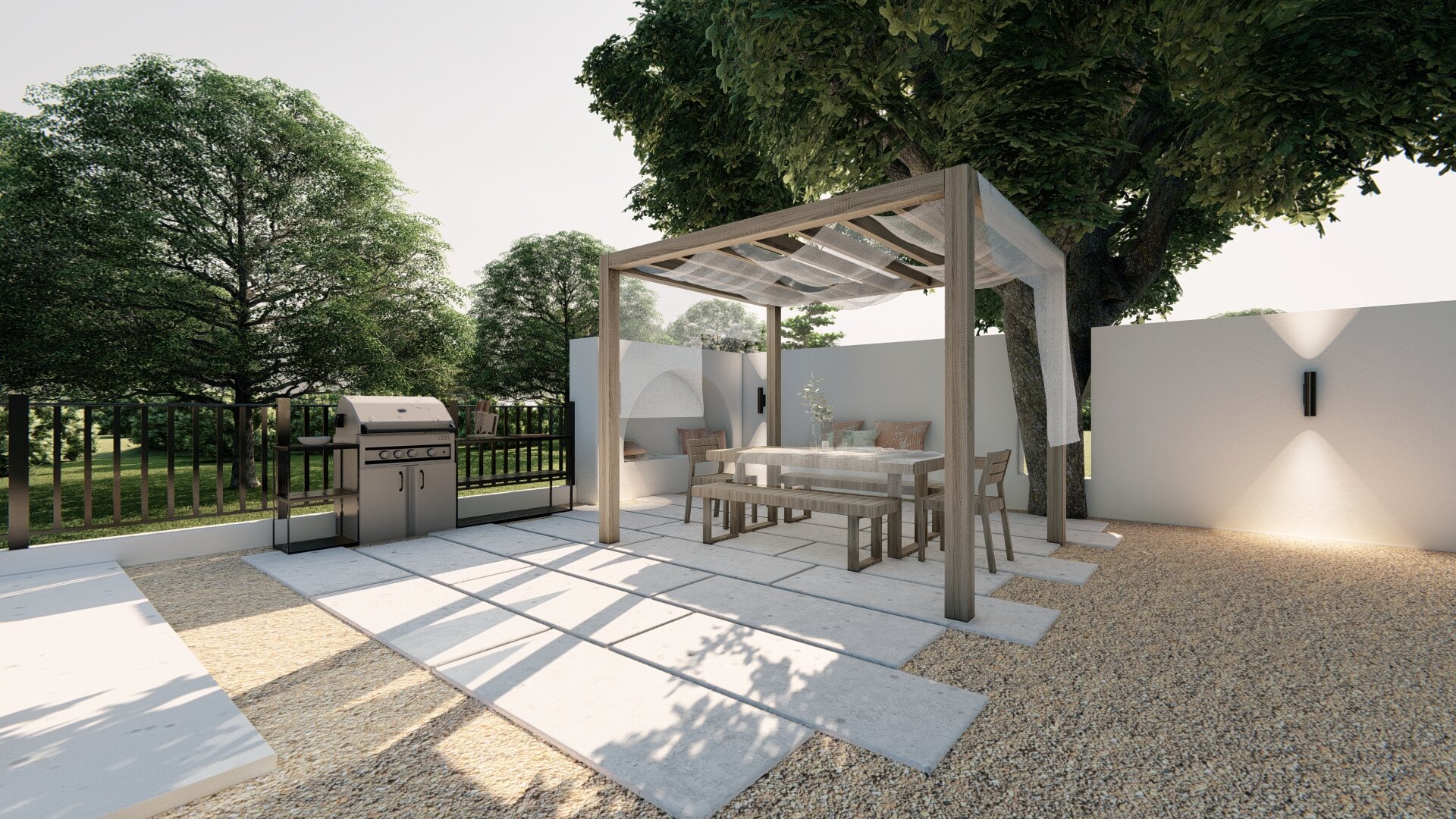 Outdoor lounge area with built in seating and pergola near bbq station