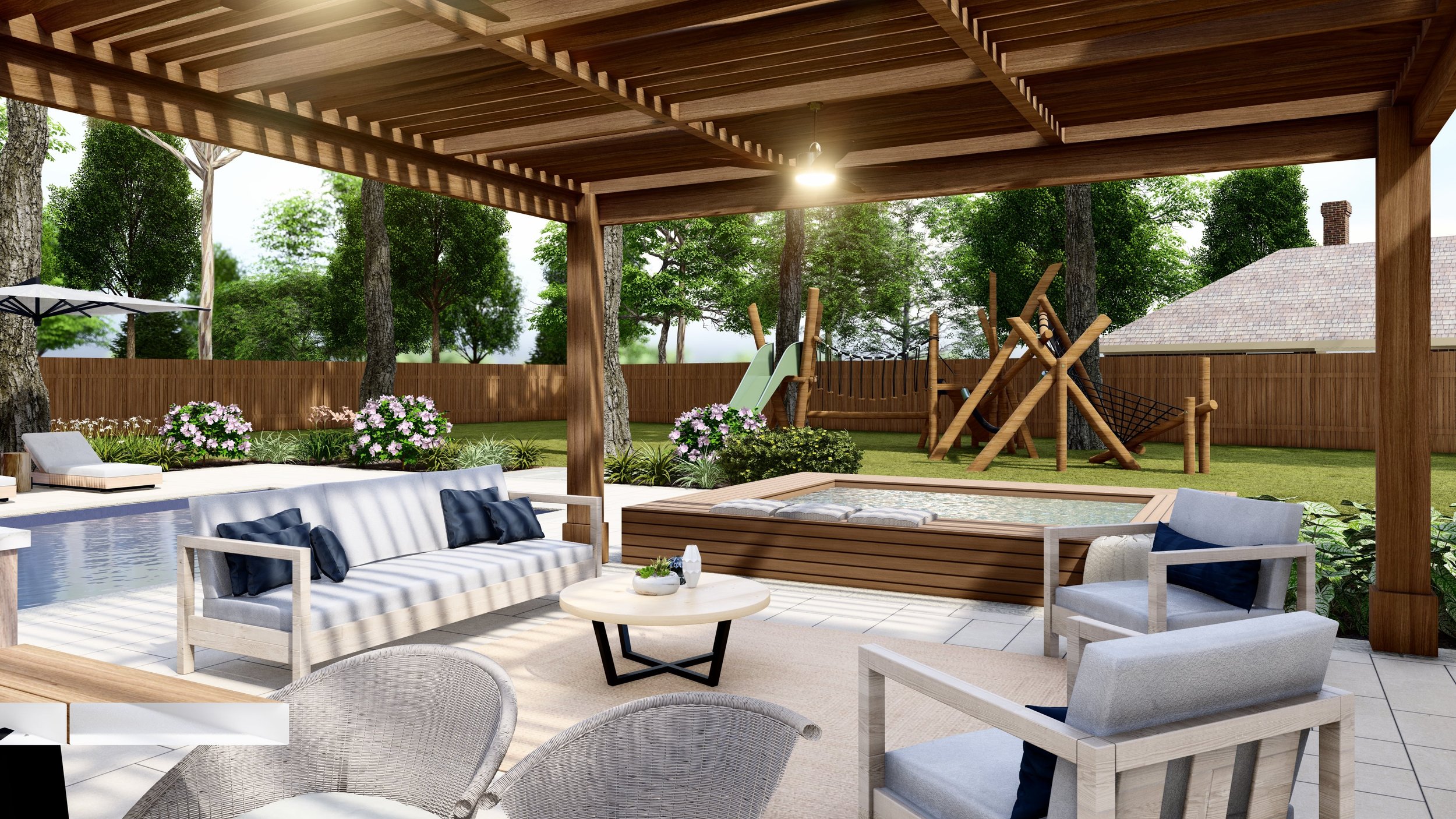 A backyard design with seating area covered by pergola, above ground plunge pool with decked seating, and traditional pool with play area in background.
