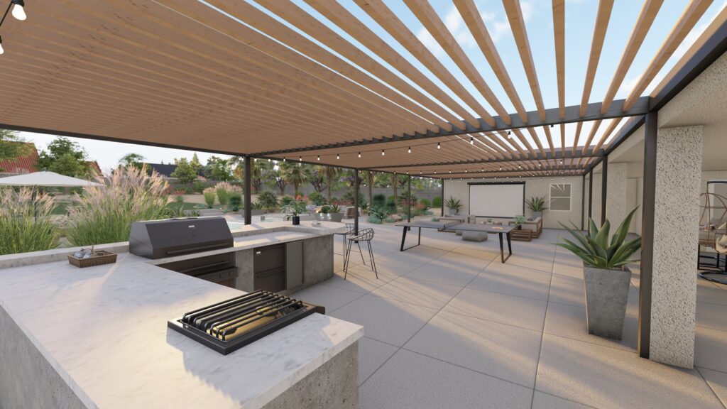 Backyard design with long pergola covering multiple outdoor living spaces including a TV room, dining, and L=shaped outdoor kitchen with ocncrete finishes, gas cooktop, grill fridge, and bar seating.