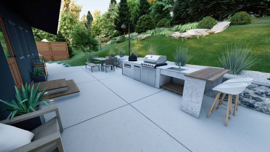 backyard concrete patio and outdoor kitchen with sink, grill, pizza oven, and erfrigerator