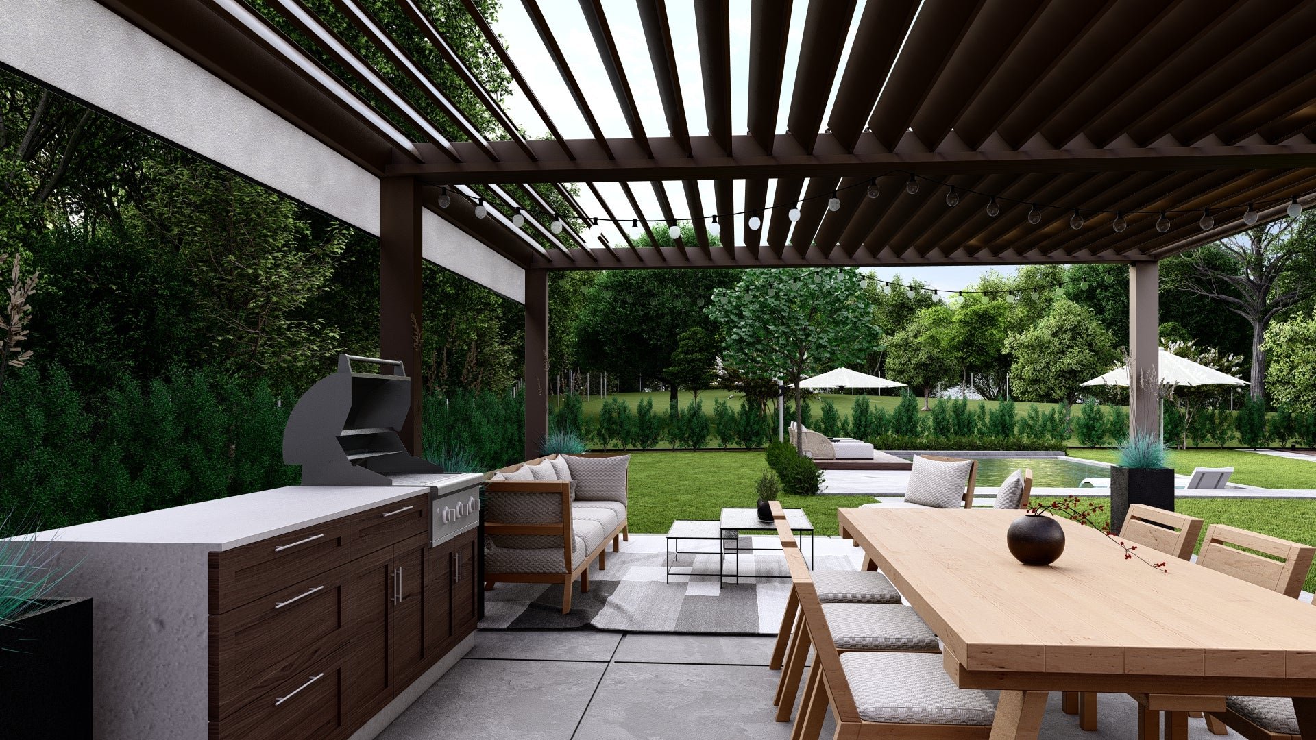 This backyard design for our client in Martinez, CA pairs the Merida table with dining side chairs from the same collection that have cushion covers made from Sunbrella fabric.