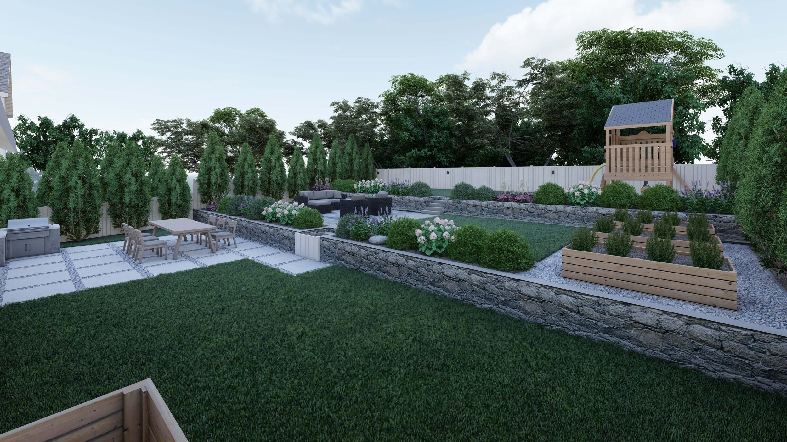 Raised planter beds in sloped New Jersey backyard landscape design