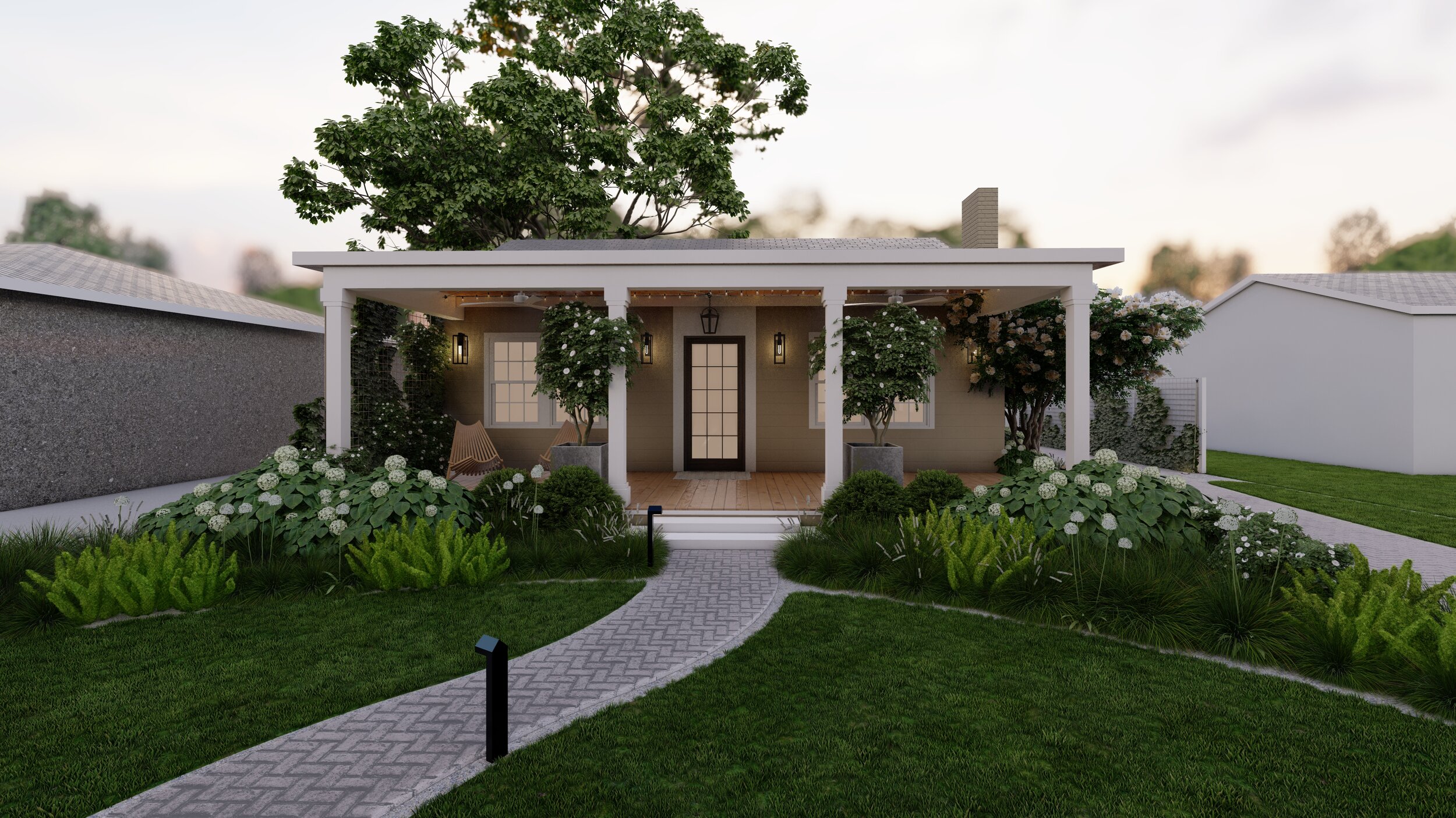 Straight on view of a small house with a porch and a covered patio surrounded by white flowering plants with herringbone pathway