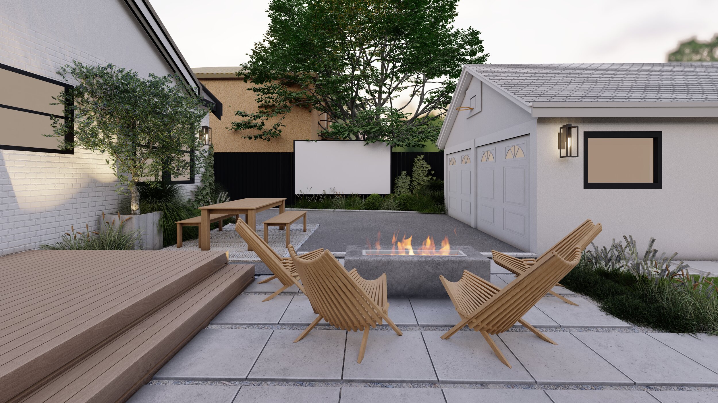 Backyard view of modern farmhouse with deck and chairs around a rectangular fire pit near a garage with outdoor movie screen