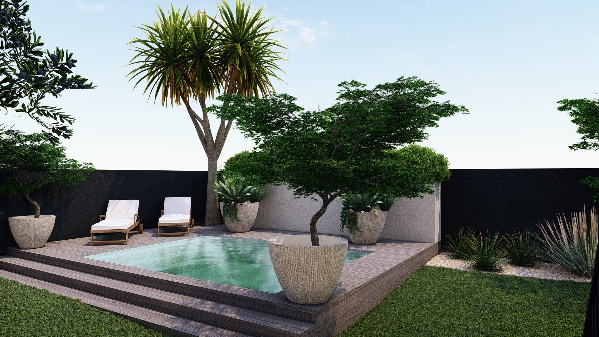 An in-deck plunge pool surrounded by potted plants