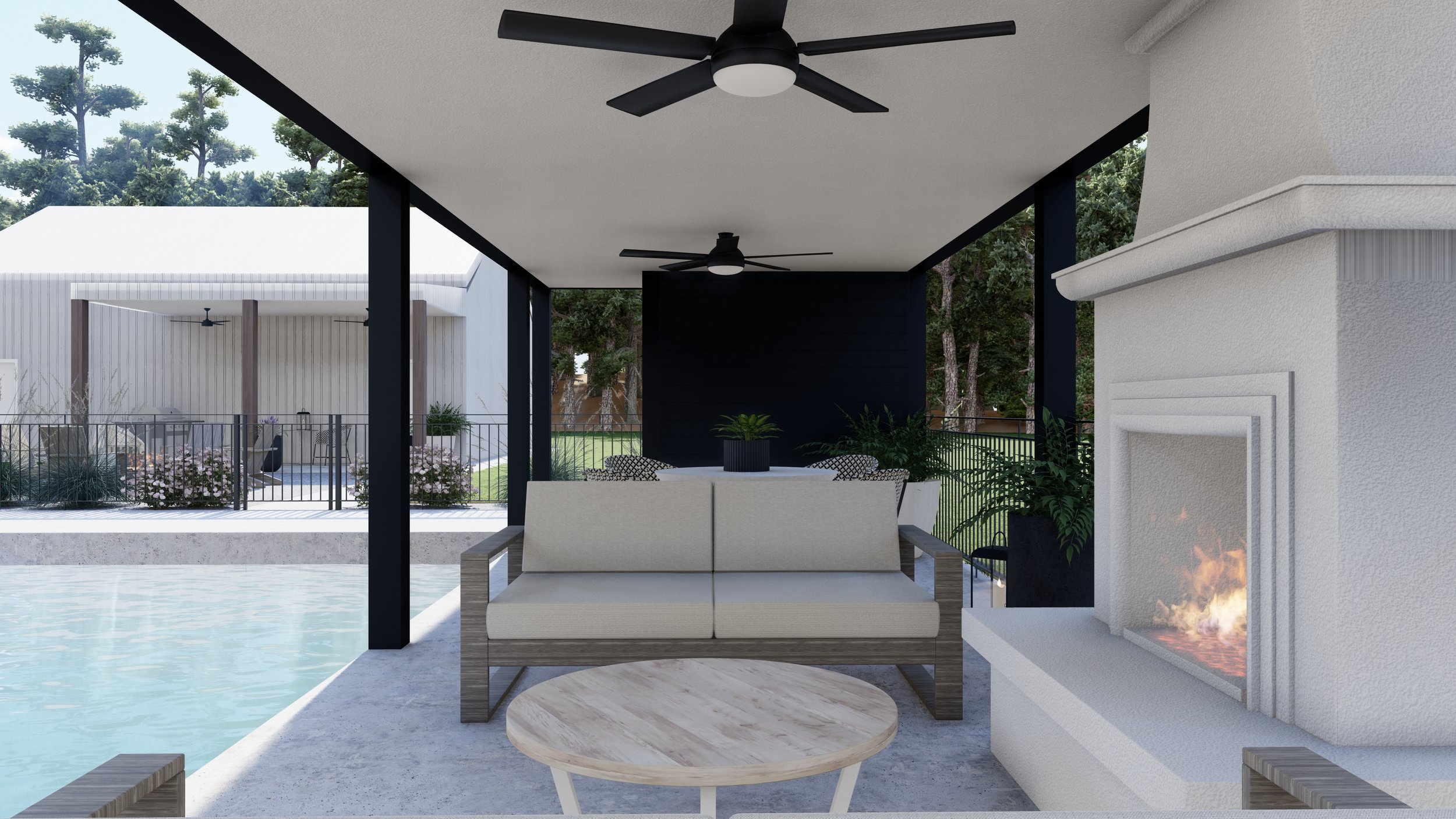 Poolside covered seating area with outdoor fireplace, portside sofa, coffee table and modern black outdoor ceiling fans.