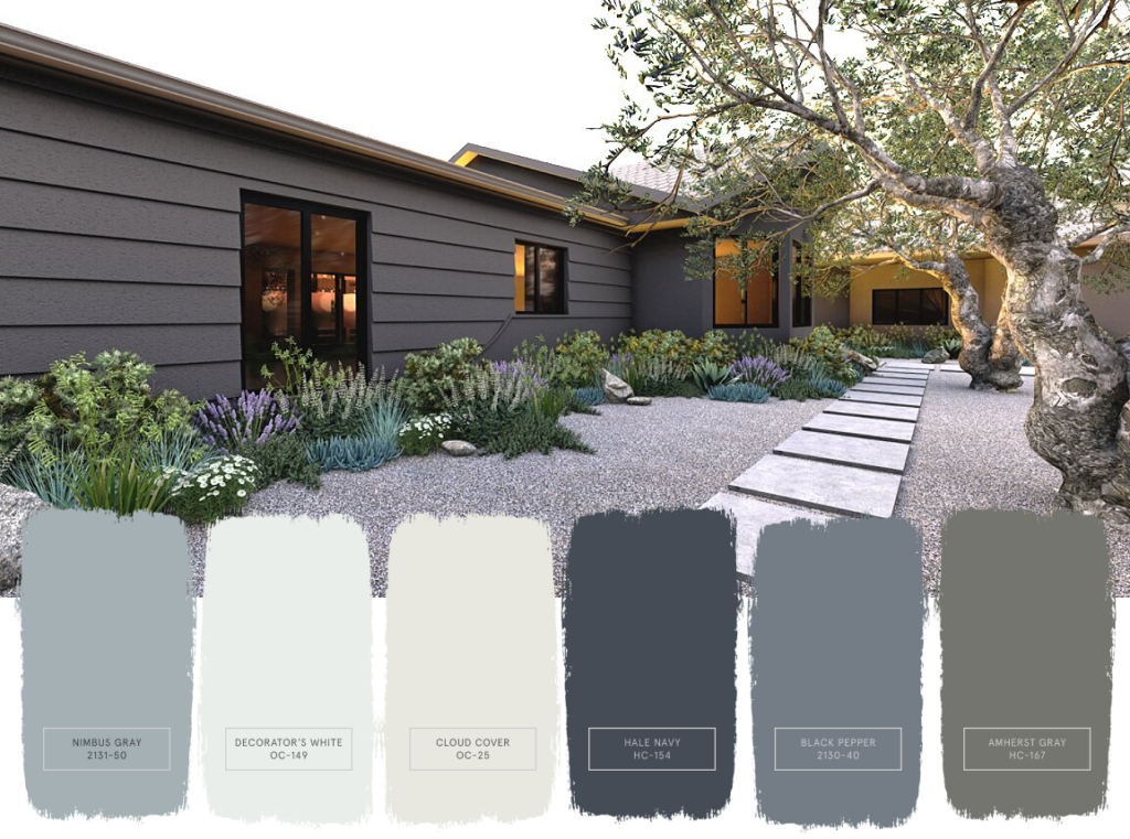 6 gray paint swatches on top of a Yardzen exterior design render