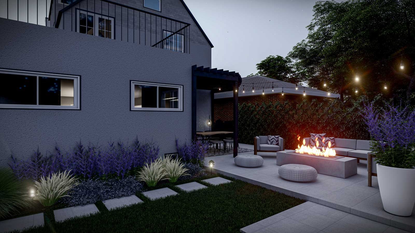 Backyard with dining area, path lights, plants, firepit with seating area, and hanging lights