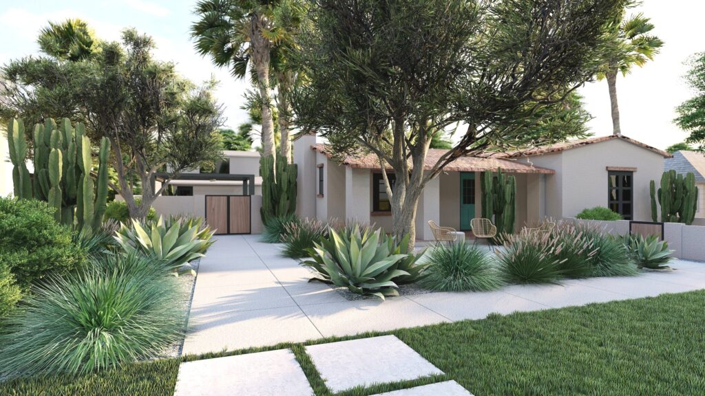 Yardzen 3D render of front yard succulent garden of Spanish-style home