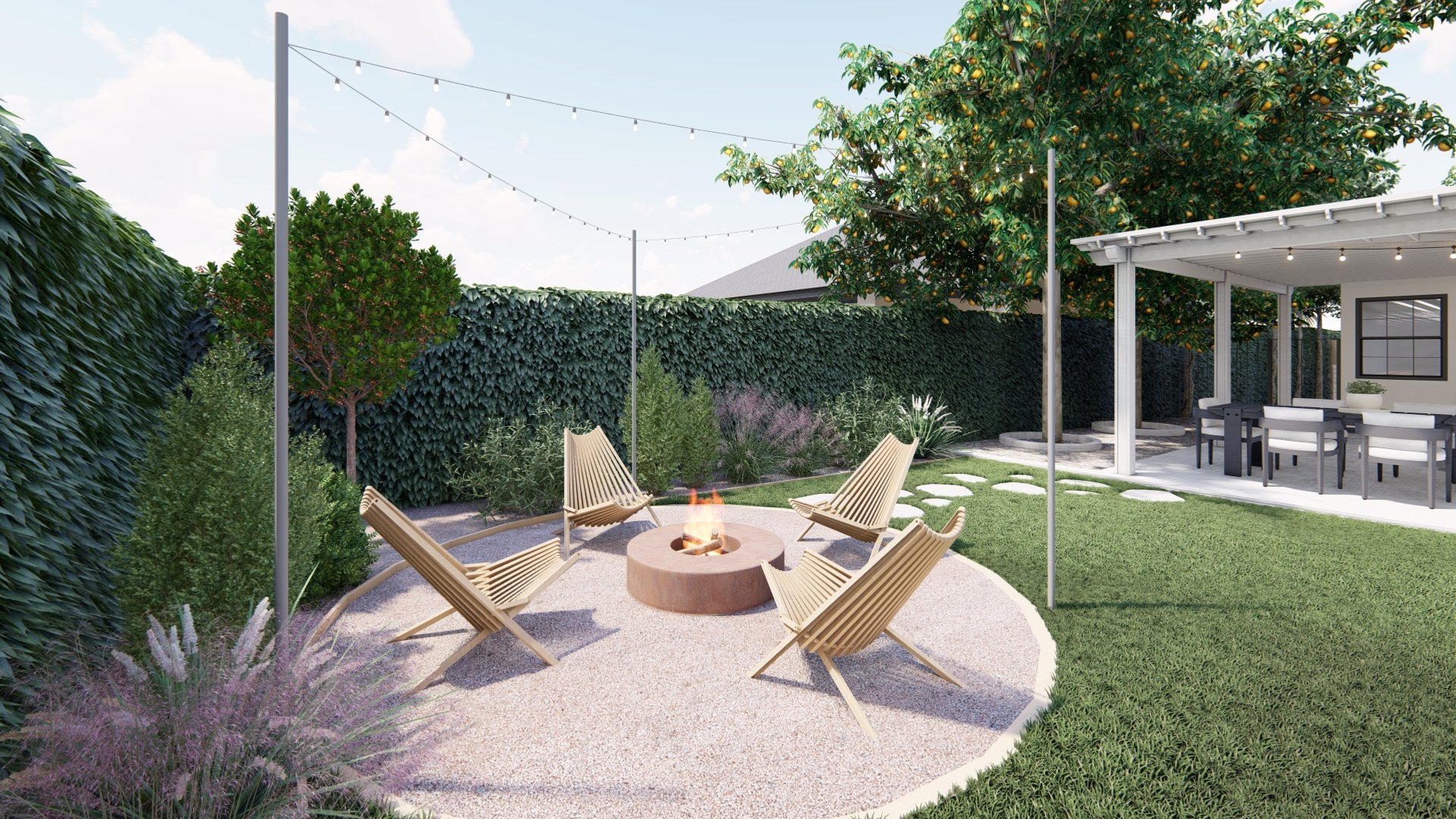 Four pine folding chairs around a modern fire pit in a Yardzen design for a client in Burbank, CA.