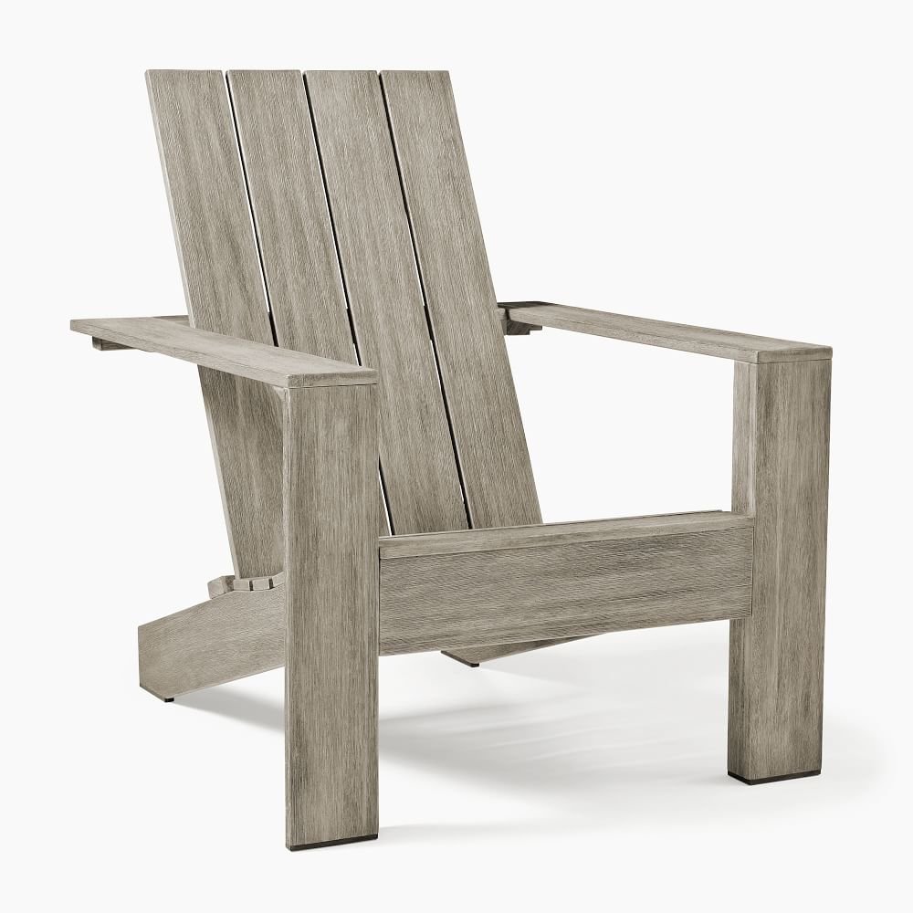 Weathered gray wooden adirondack chair made modern with straight angles.