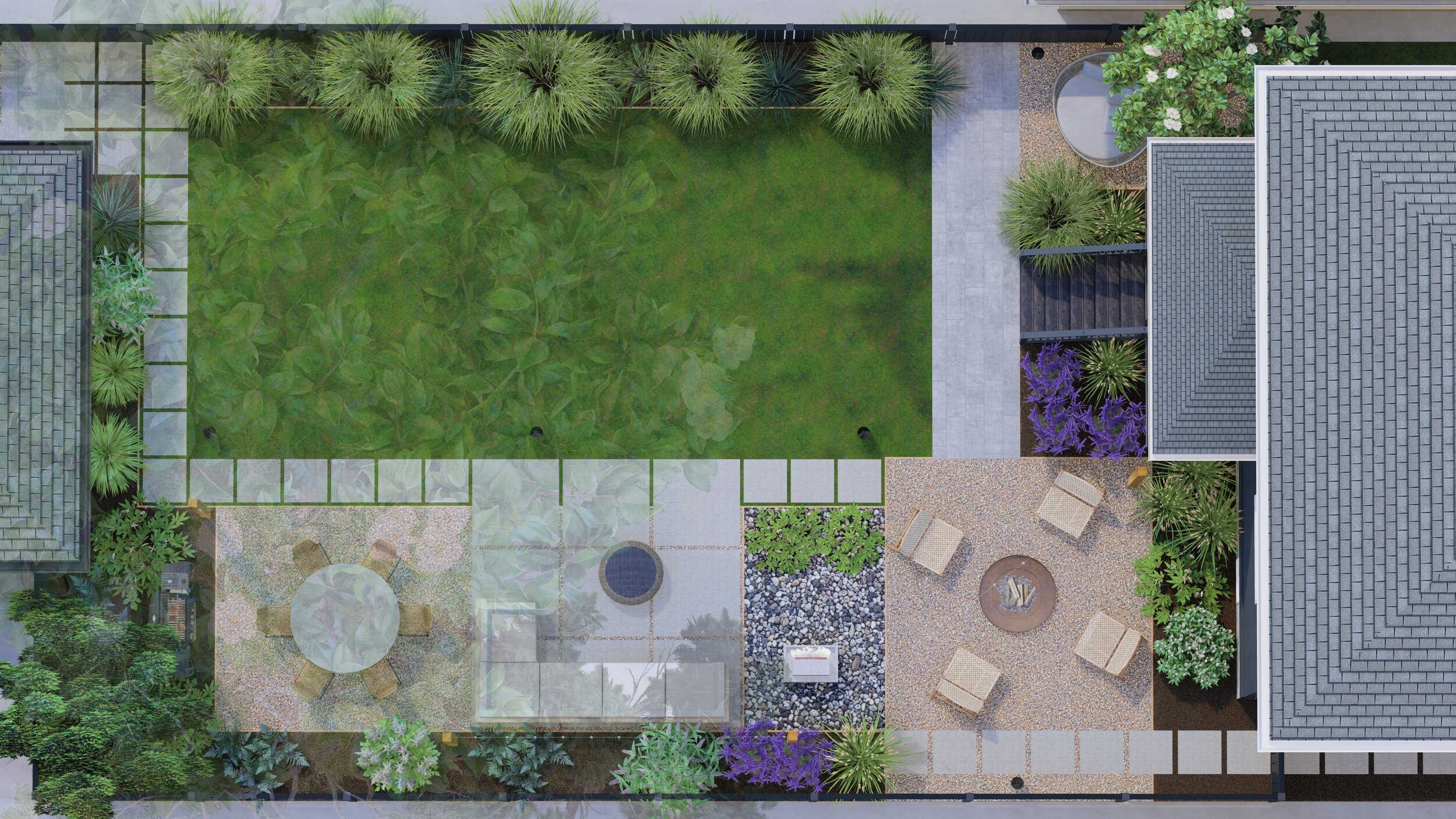 Overhead view of backyard with outdoor fire pit area, lounge area, dining area and grassy area with paver walkways