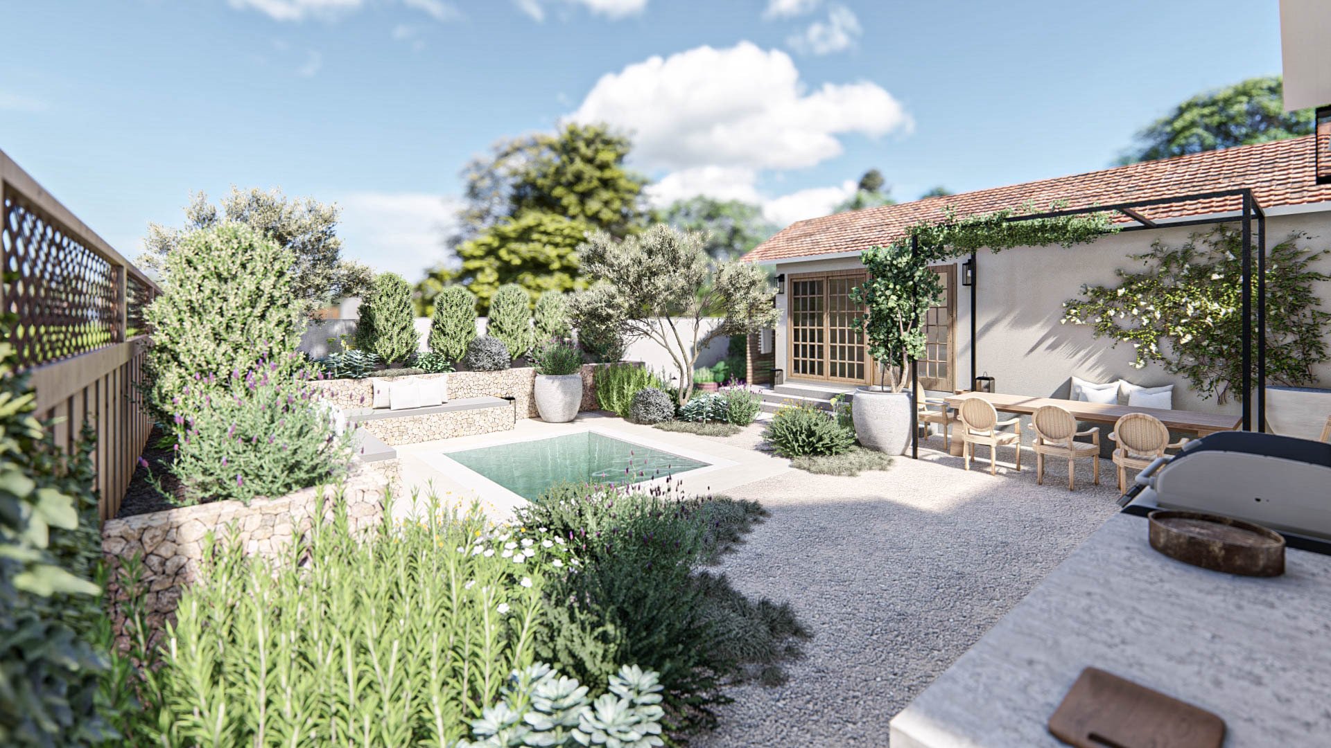 Fenced yard with plunge pool, a sitting area under pergola, pea gravel floor, and plants