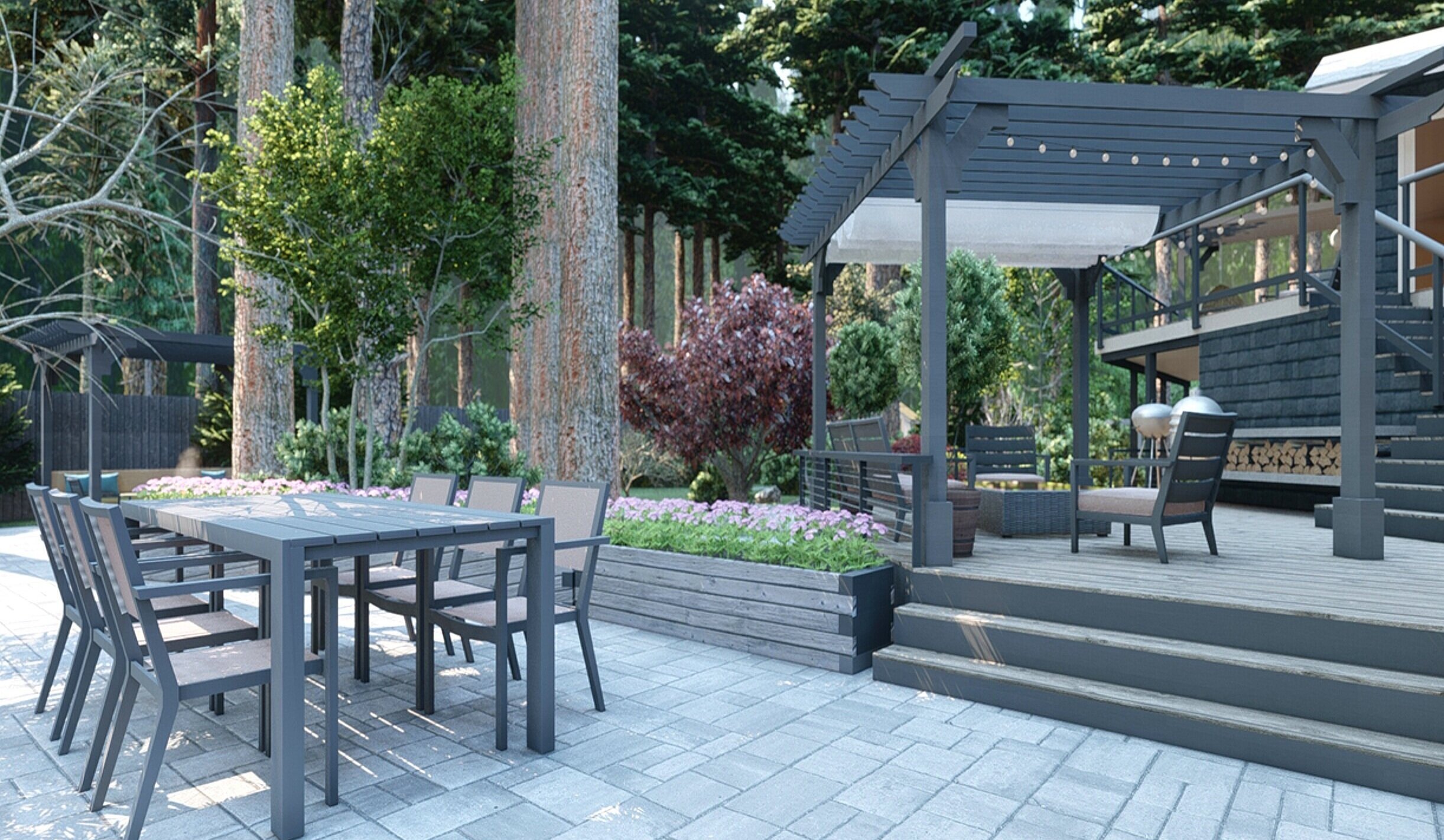 Rustic backyard with pergola, outdoor dining area, and outdoor lounge area