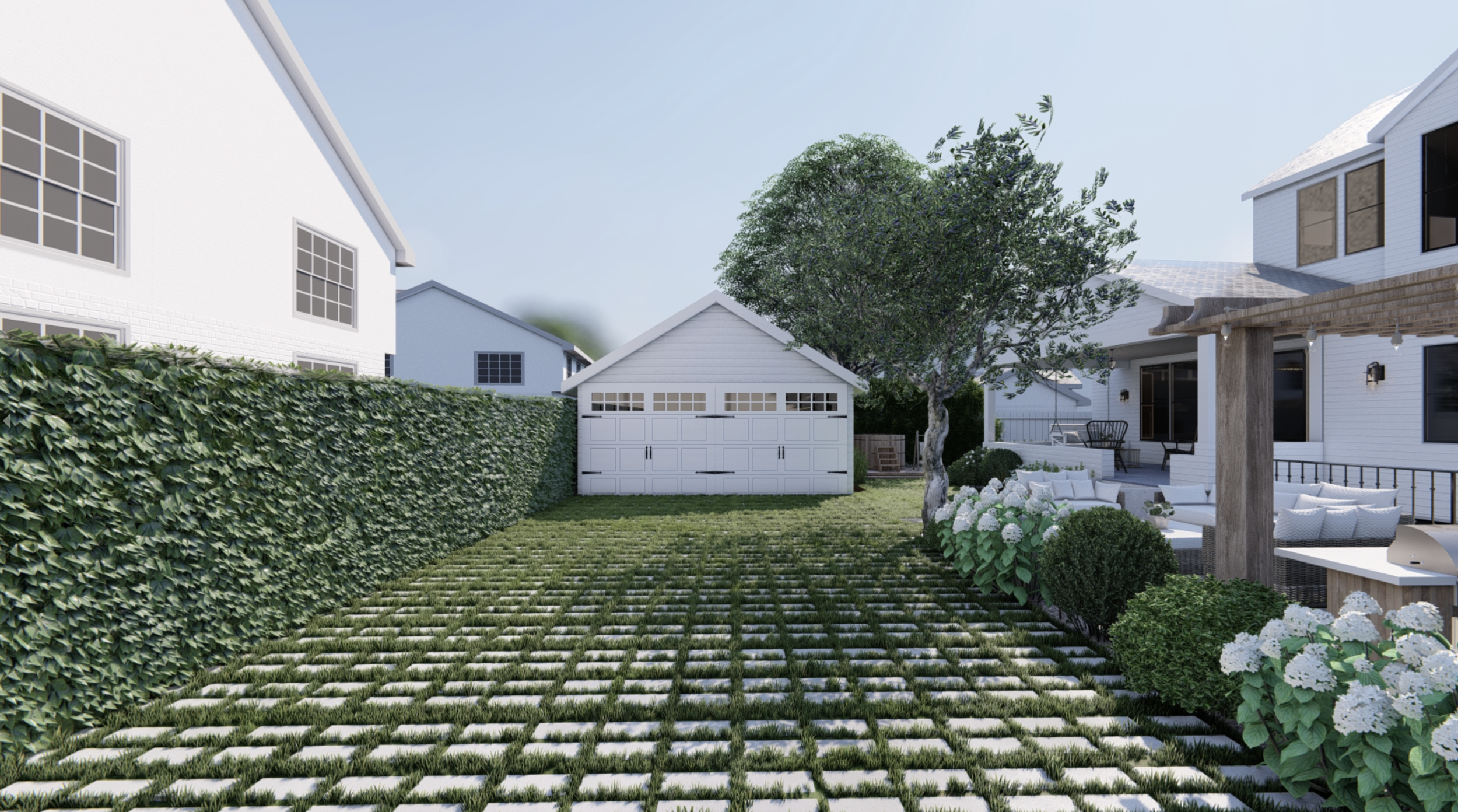 Trellis-fenced paved yard with detached garage, pergola, a sitting area, and lush plants