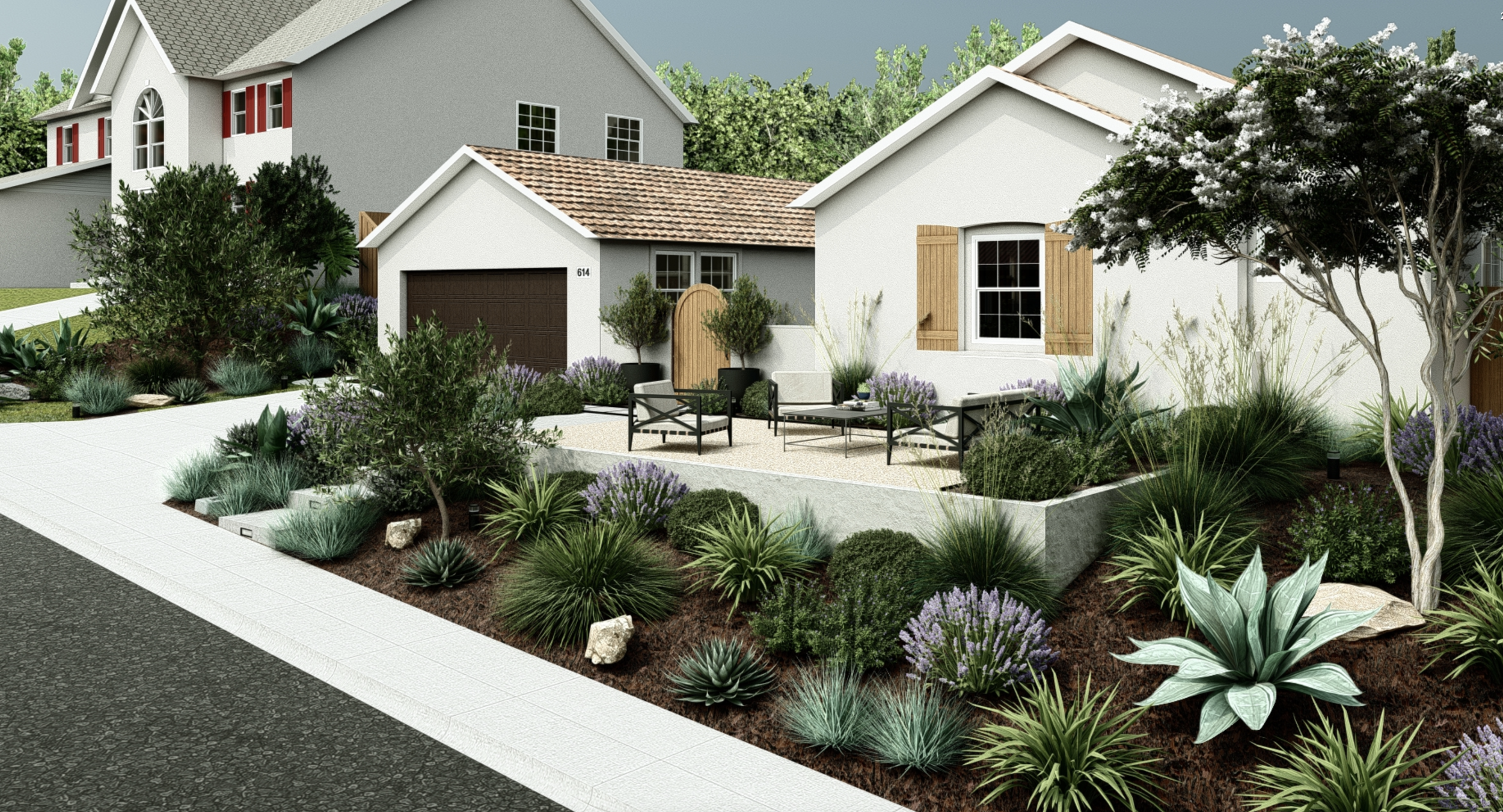 A social front yard with mulch and ornamental plants on it