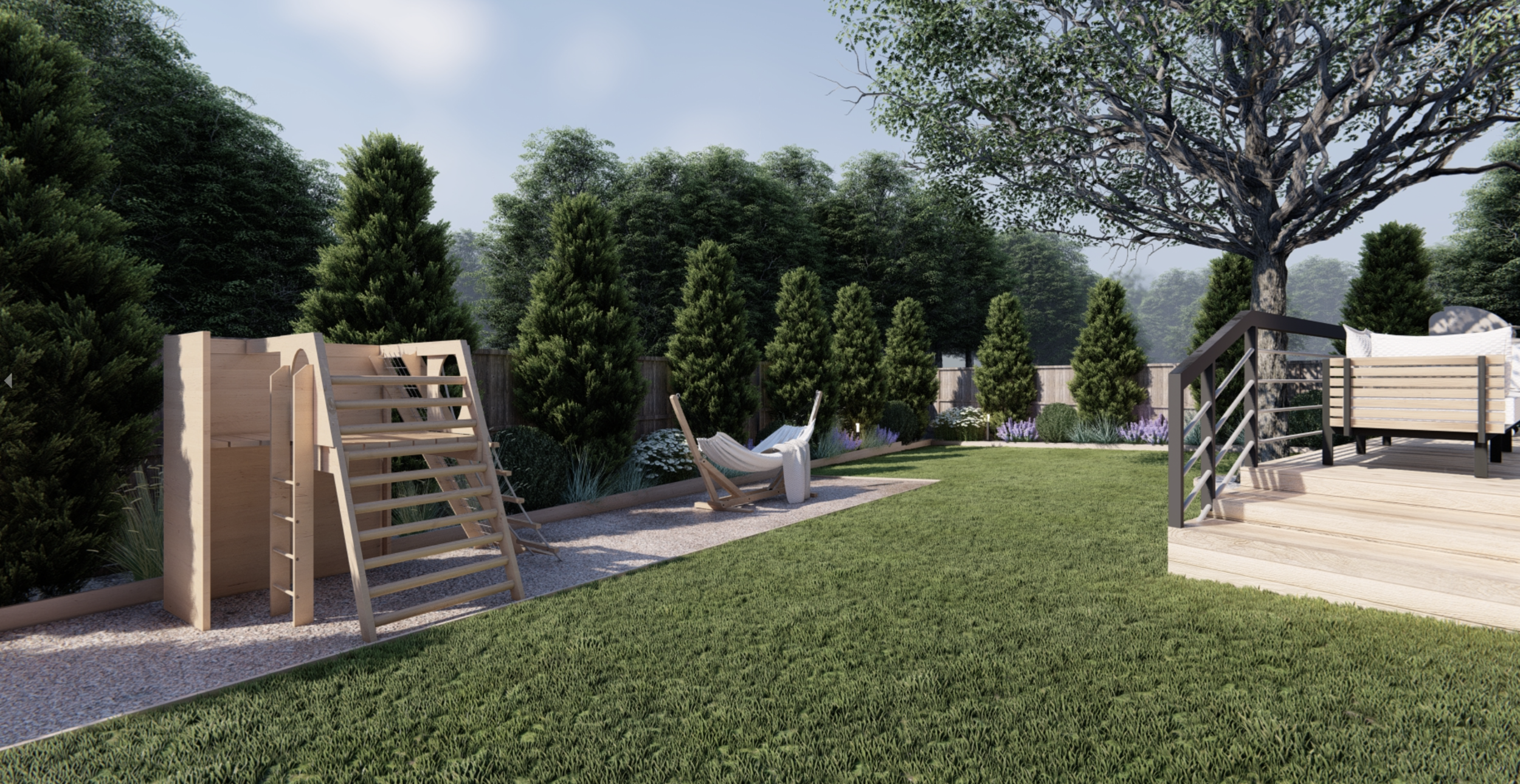 Fenced yard with ornamental plants, wooden deck, outdoor sofa, kids wood climbing frame and hammock.