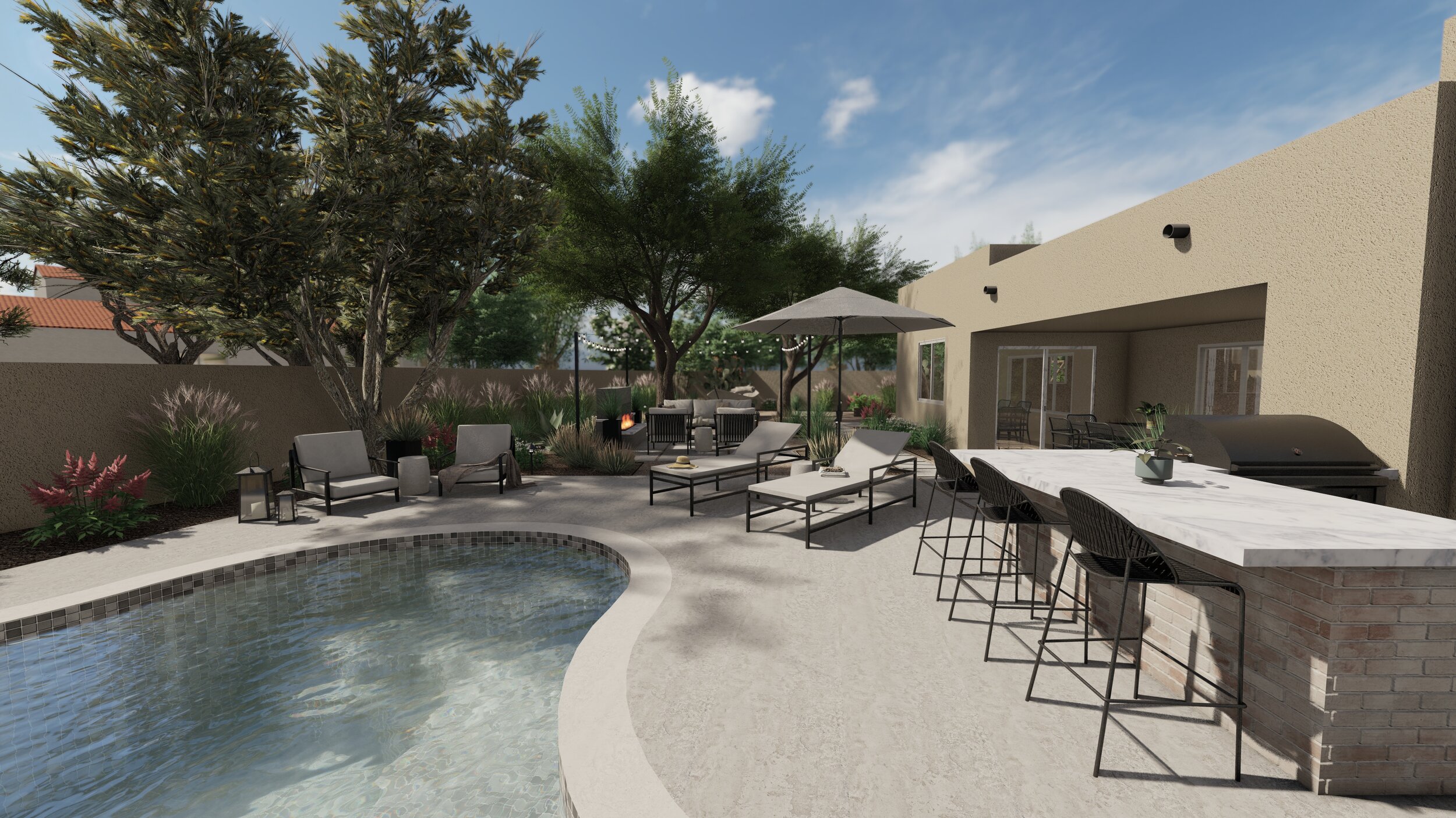 View of desert inspired backyard with swimming pool near outdoor kitchen with bar top seating, lounge area, and fire pit