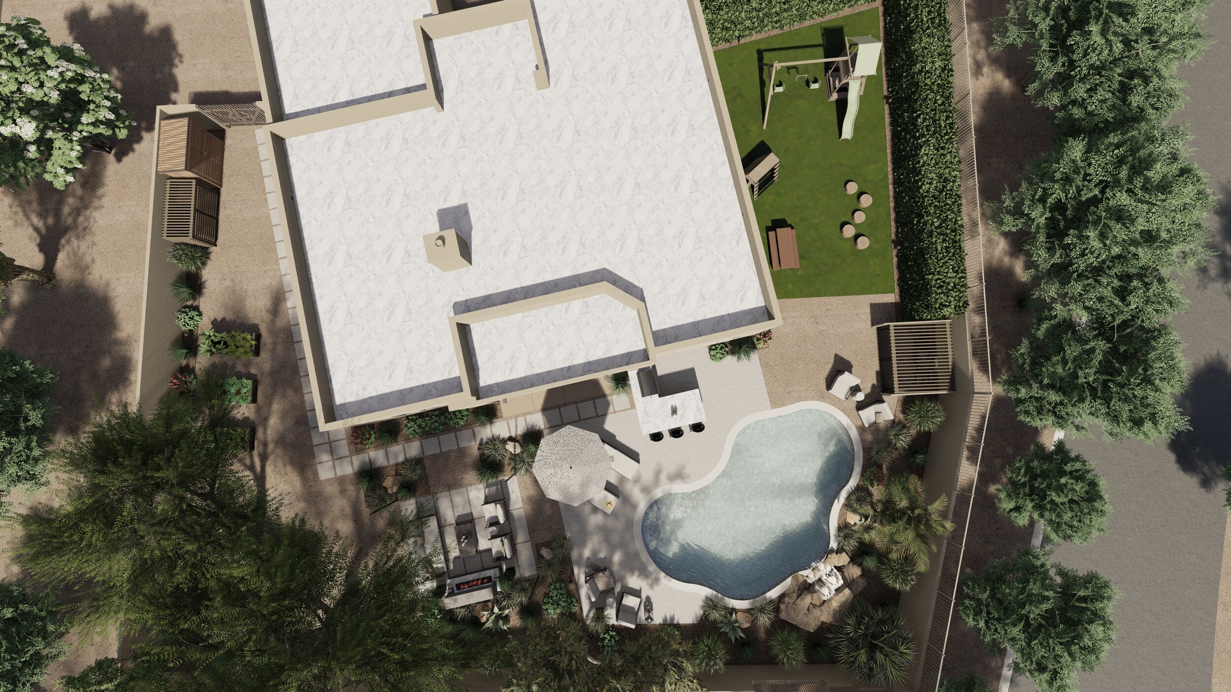Overhead view of desert inspired backyard with swimming pool near outdoor kitchen with bar top seating, lounge area, kid's play area and fire pit
