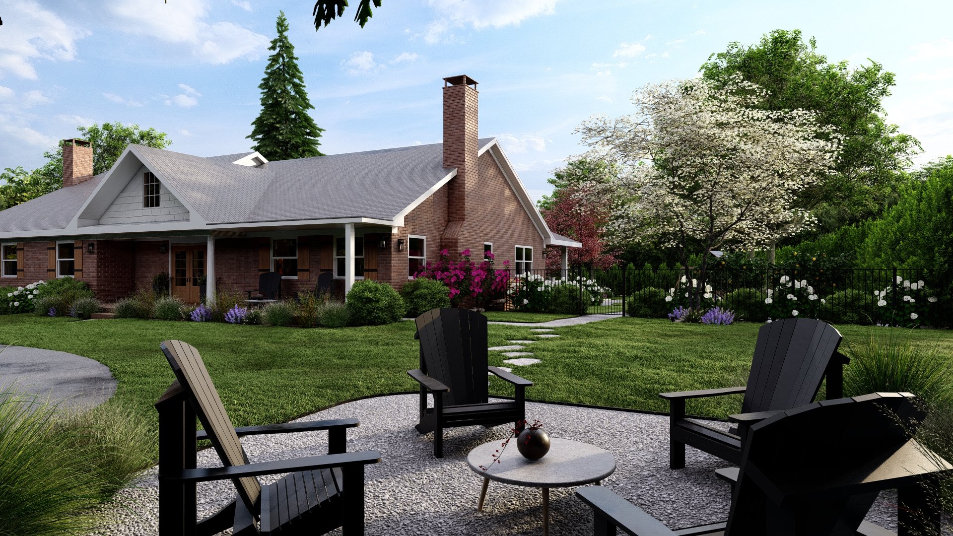 A social front yard design with gravel seating area for a Yardzen client in Roswell, GA.