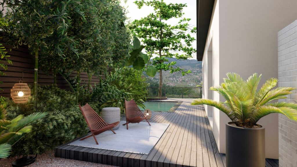 Tropical plantings in a side yard with plunge pool and outdoor lounge area