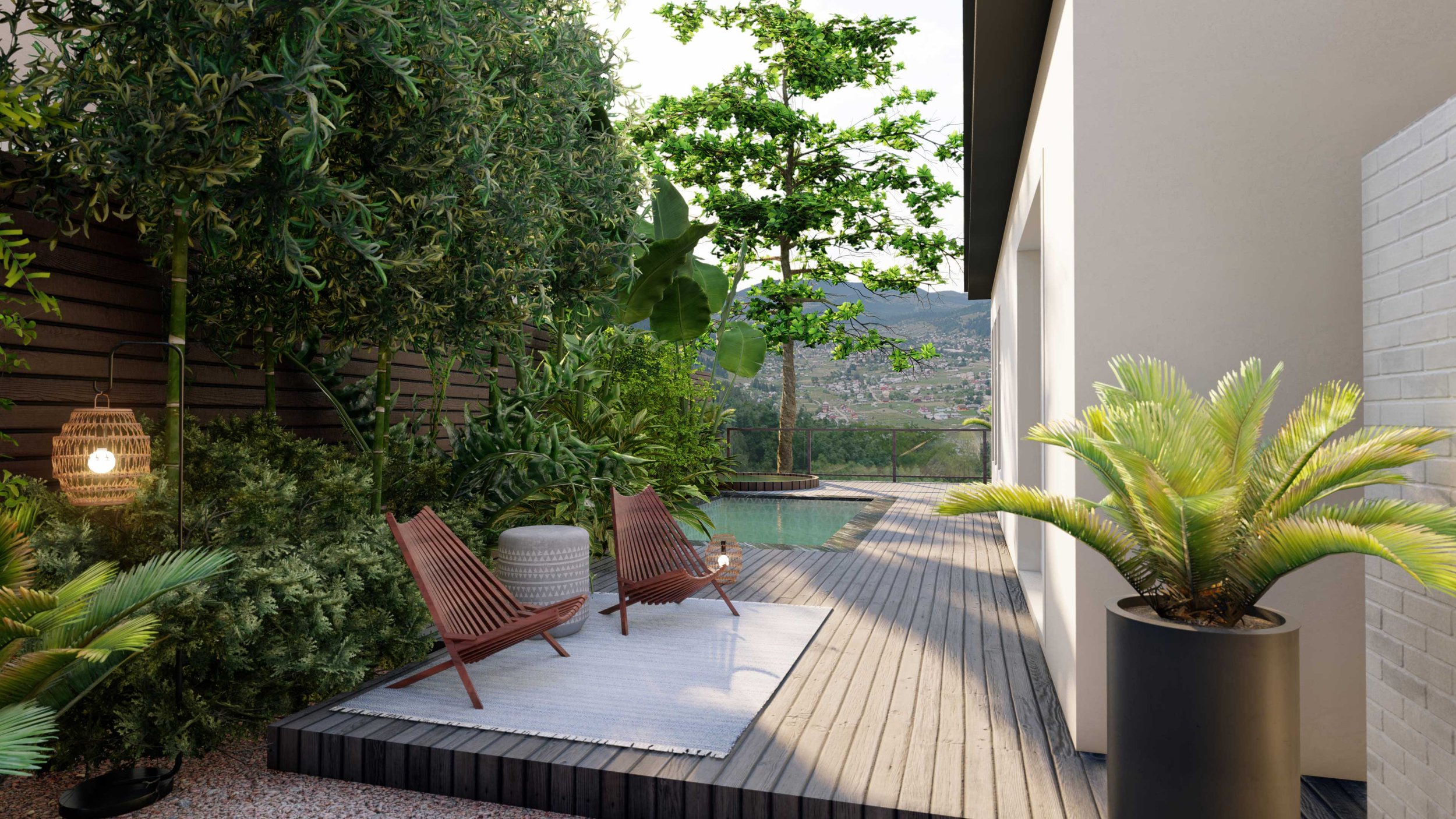 Tropical side yard with plunge pool and chairs on deck