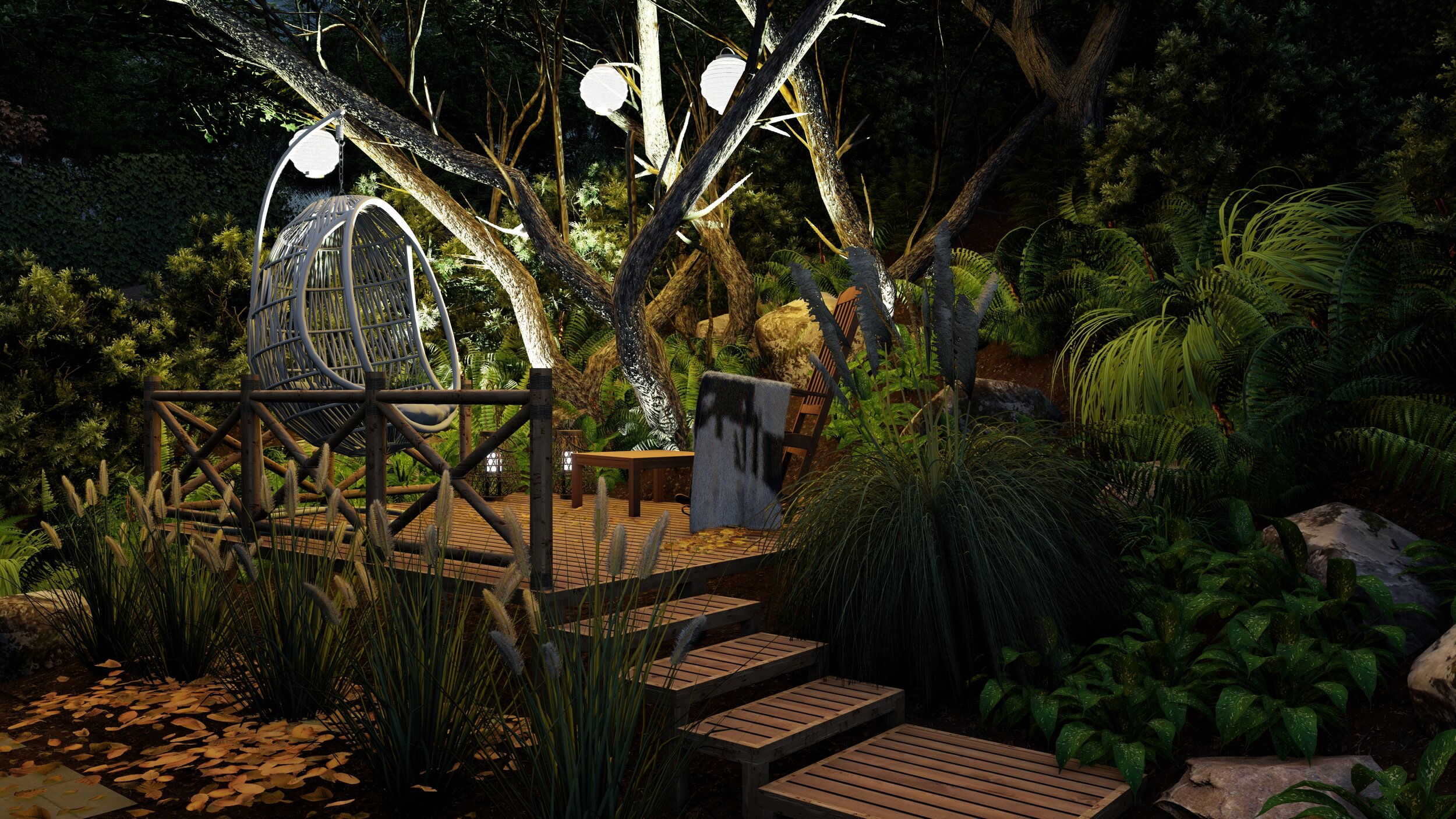 Night view of lush backyard with dense plantings around raised deck with hanging chair