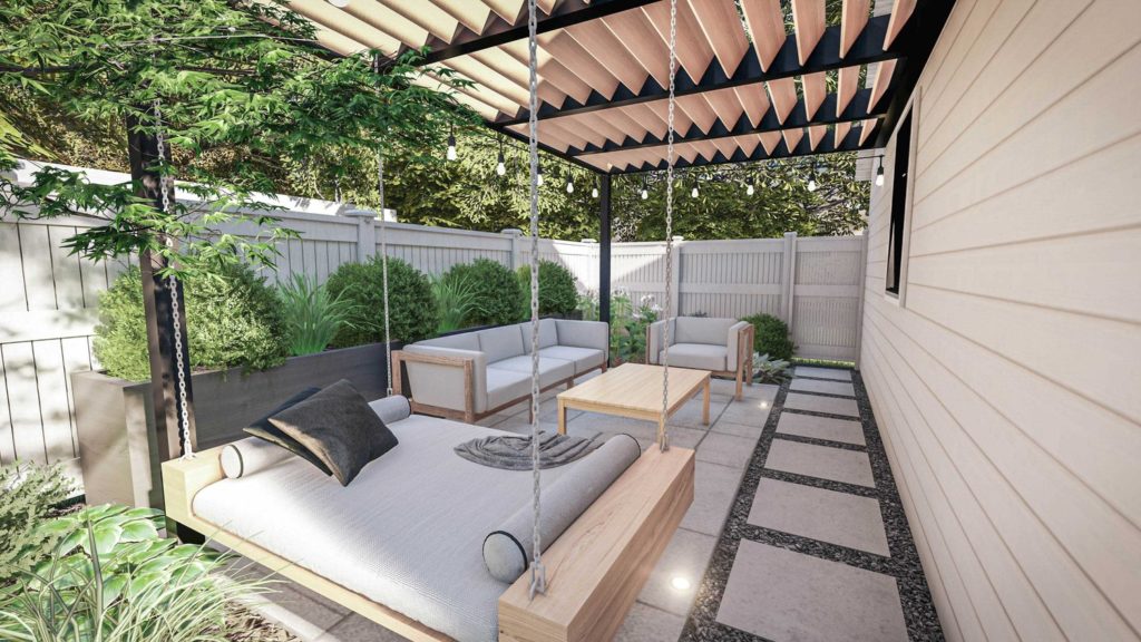 Side yard with outdoor lounge area and pergola