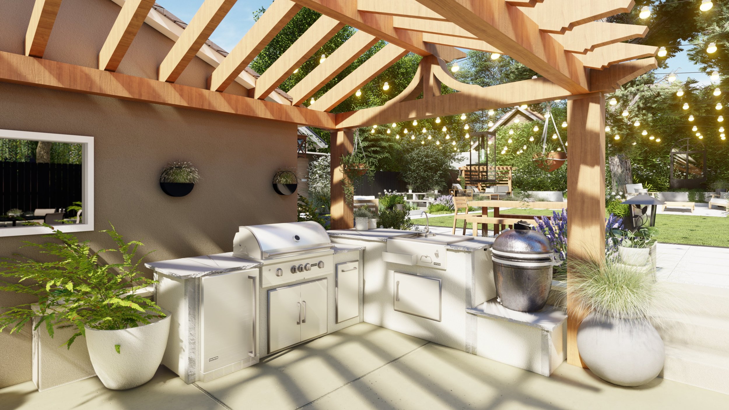 Traditional arched pergola over an outdoor kitchen