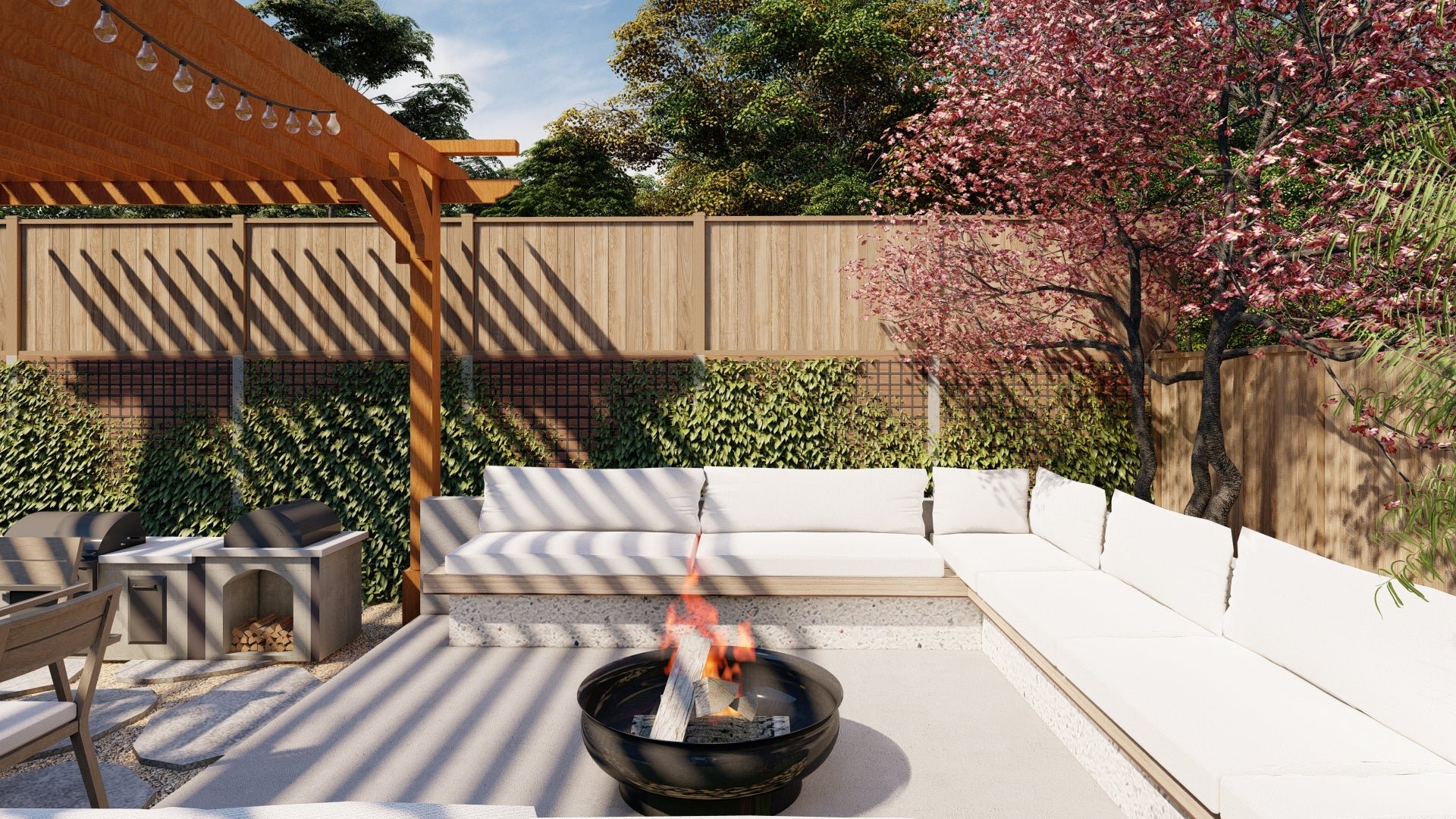 3D rendering of fire pit area in backyard