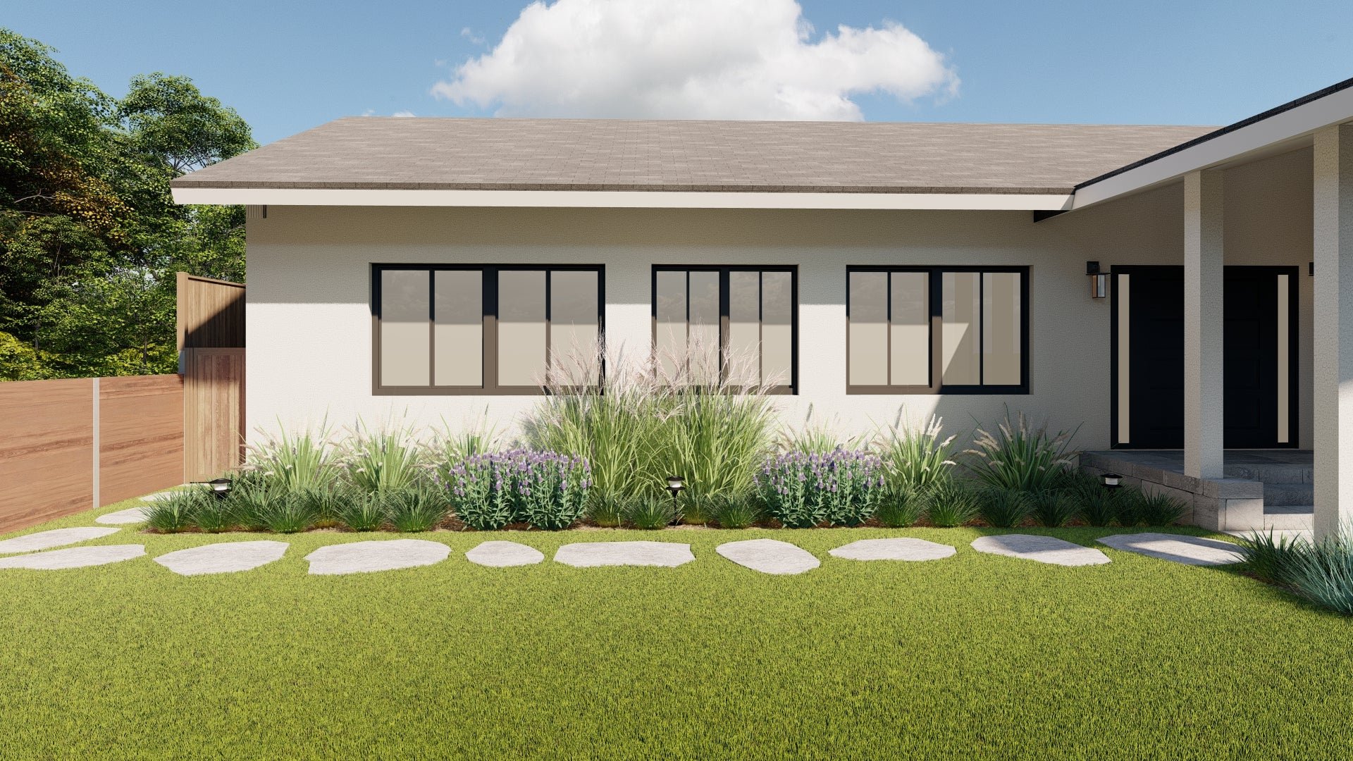 3D rendering of front of home with stone path and plantings alongside home facade