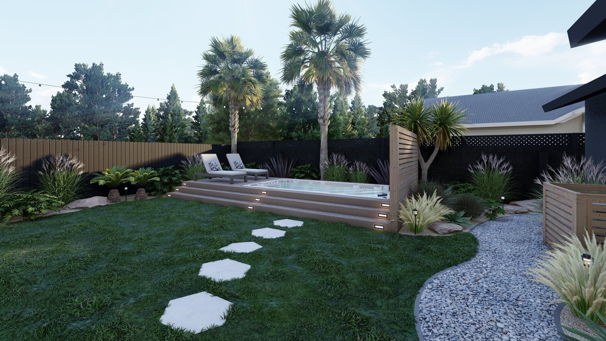 backyard lawn with natural stone path leading to plunge pool with composite deck surround