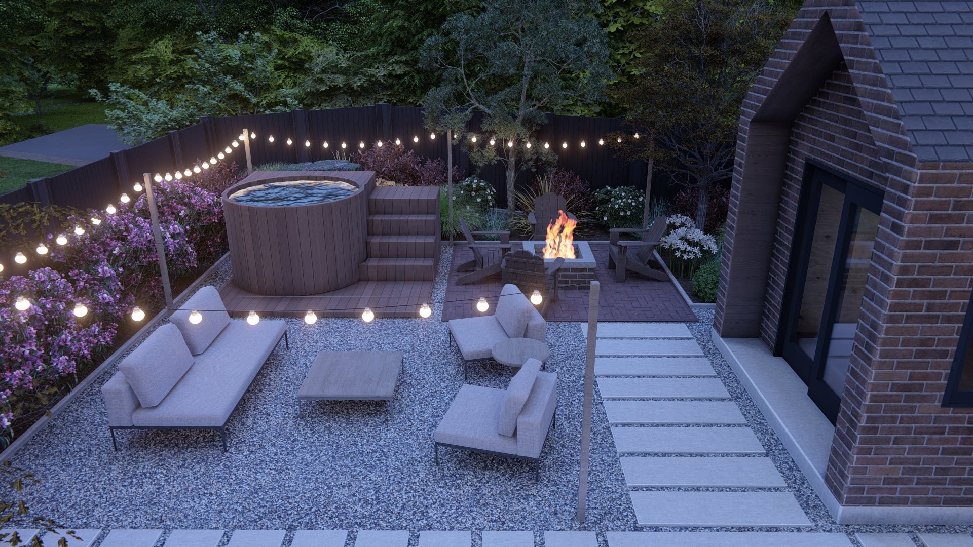 Closeup of cedar hot tub and composite decking with steps and lounge area with furniture in foreground at night lit by string lights