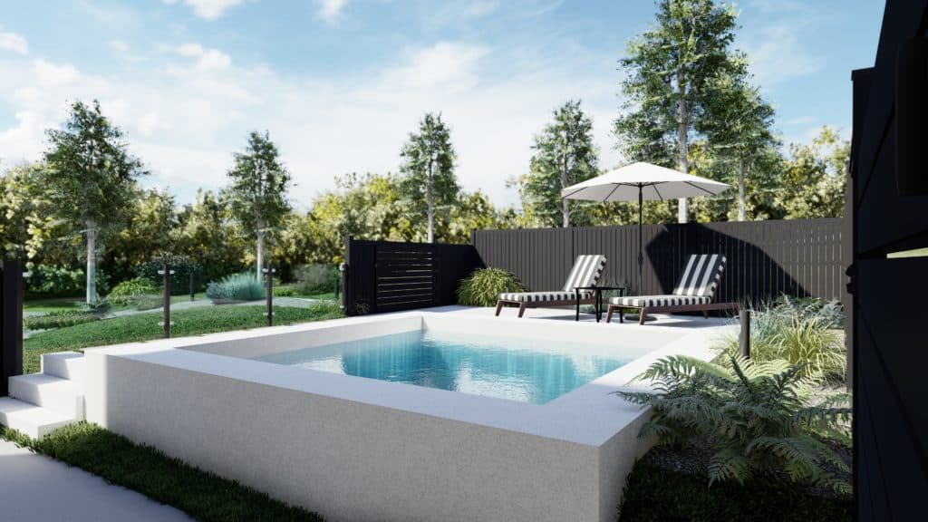 A black and white patio umbrella complements the modern landscape design in this Wolcott, CT backyard with plunge pool
