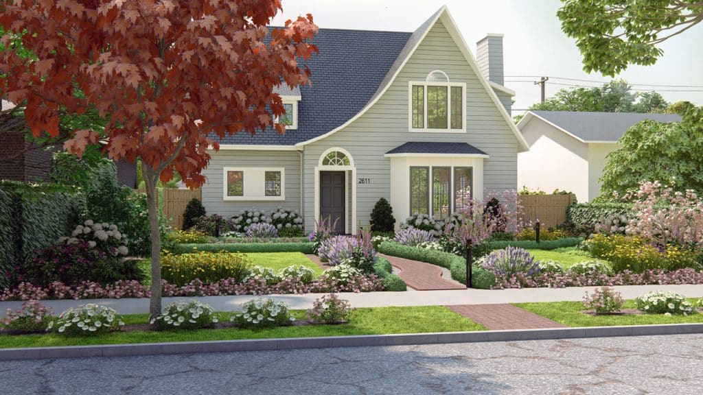 A hellstrip landscape design for a cottage-style home containing a row of flowers framed in lawn.