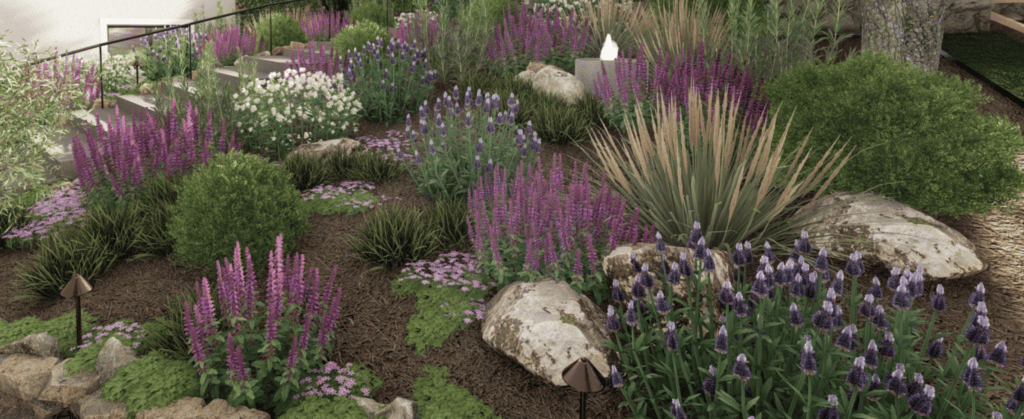 Yardzen 3D render of hillside with botanical plantings, including purple flowers and grasses
