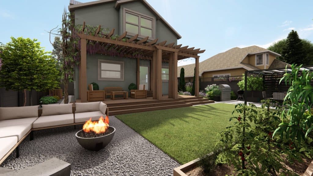 3D design of the new backyard with gravel fire pit area, shaded dining space, and updated raised beds.