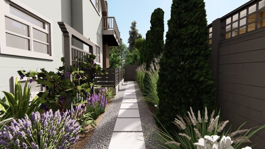 3D design of new side yard with painted black fence, concrete paver walkway, tall evergreens for privacy along fence, and colorful planting beds.