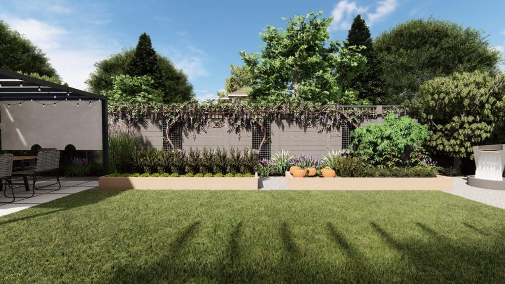 3D design of the new backyard including clean adn orderly raised beds along a fence with climbing wisteria vines.