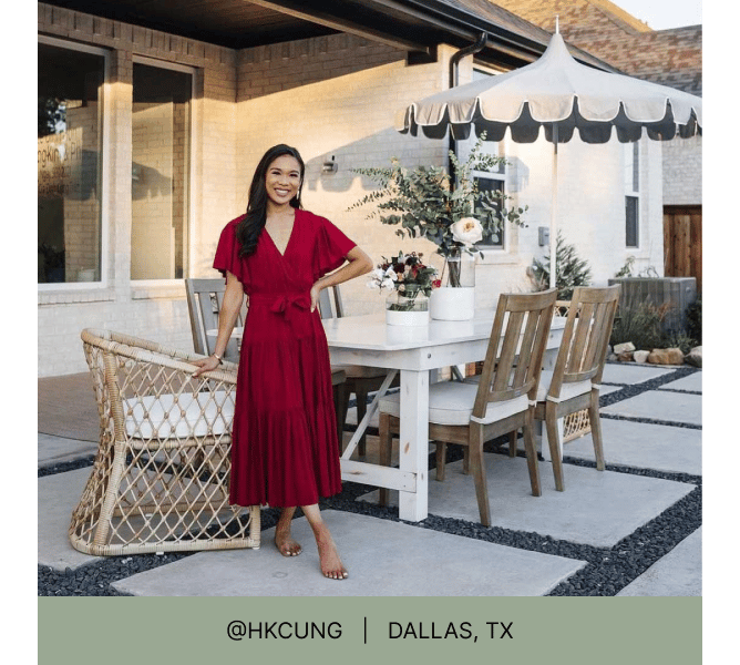 Woman standing in front of an outdoor dining set with heading that reads @hkcung Dallas, TX