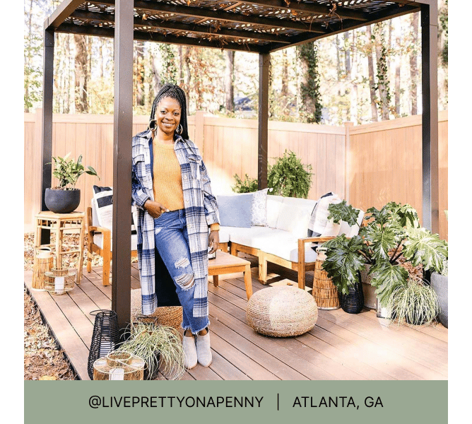 Woman leaning on a metal pergola over a wood-style patio with seating area and heading that reads @liveprettyonapenny Atlanta, GA