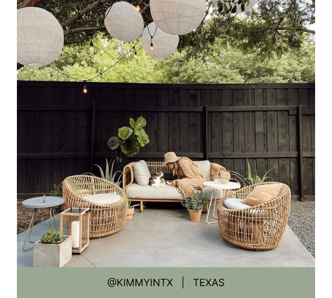 Woman and dog on bohemian outdoor furniture with paper lanterns and string lights above and heading that reads @kimmyintx Texas